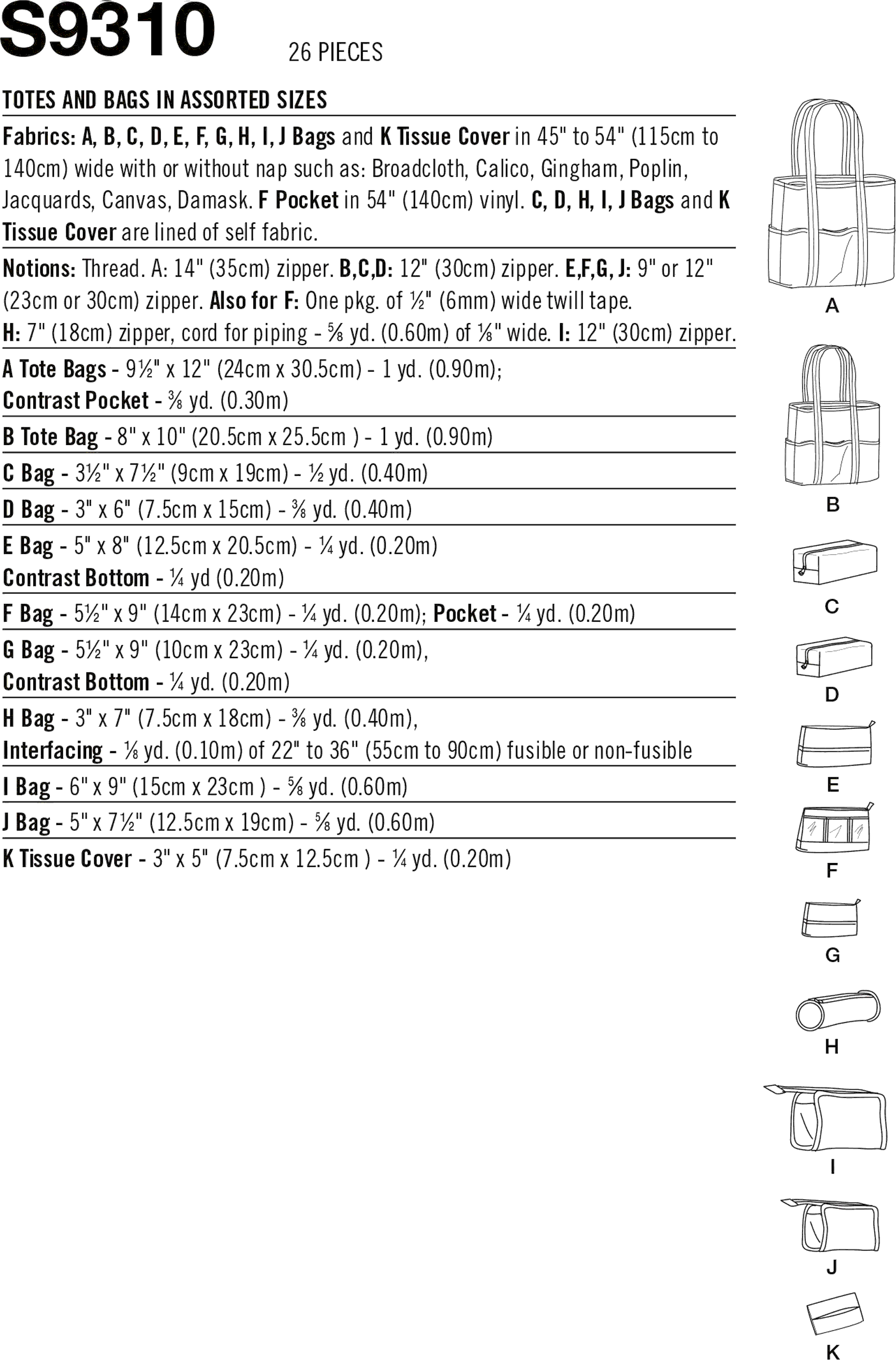 Simplicity Sewing Pattern S9310 Totes and Bags In Assorted Sizes 9310 Fabric Quantity Requirements From Patternsandplains.com