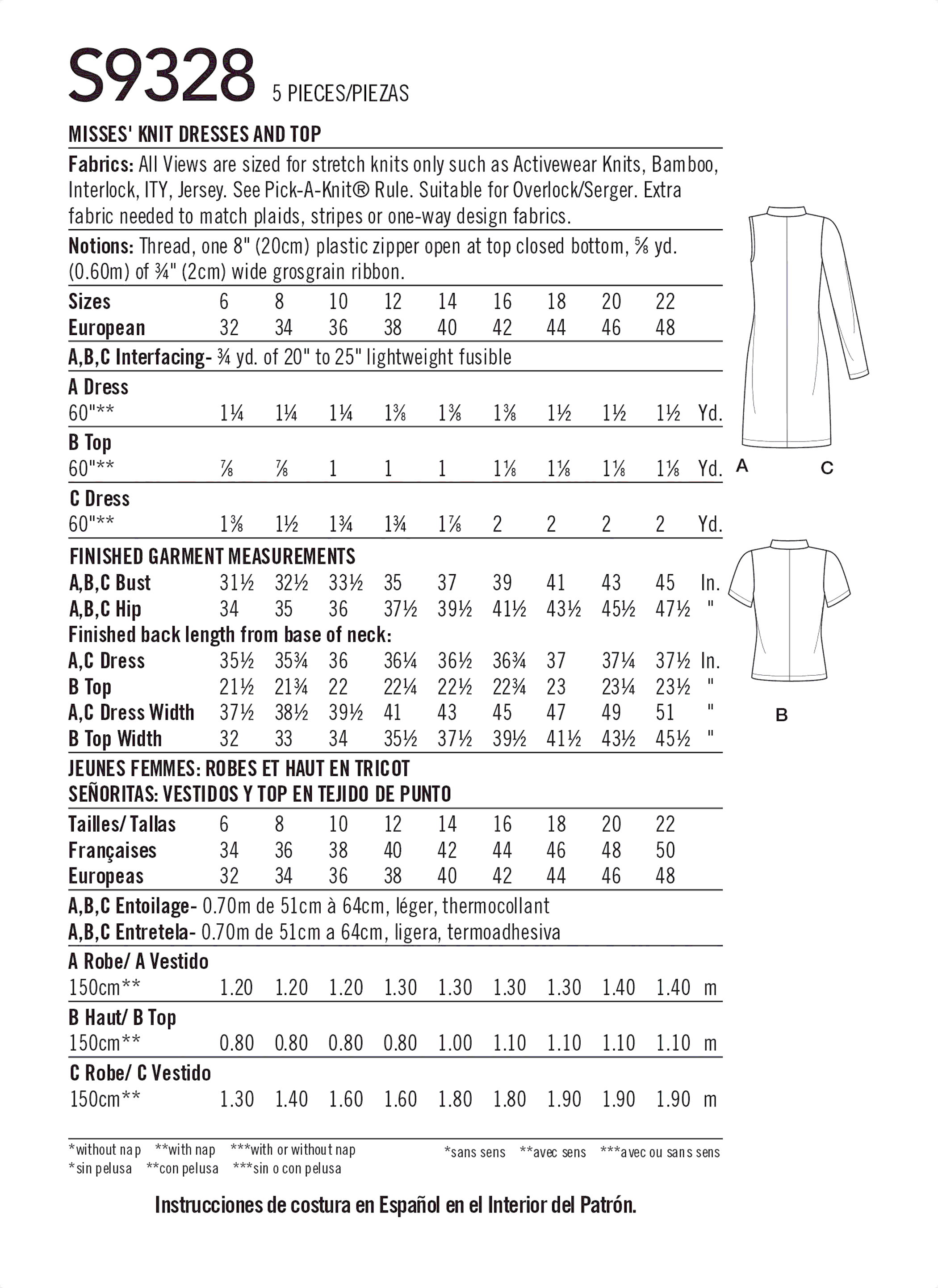 Simplicity Sewing Pattern S9328 Misses Knit Dresses and Top 9328 Fabric Quantity Requirements From Patternsandplains.com