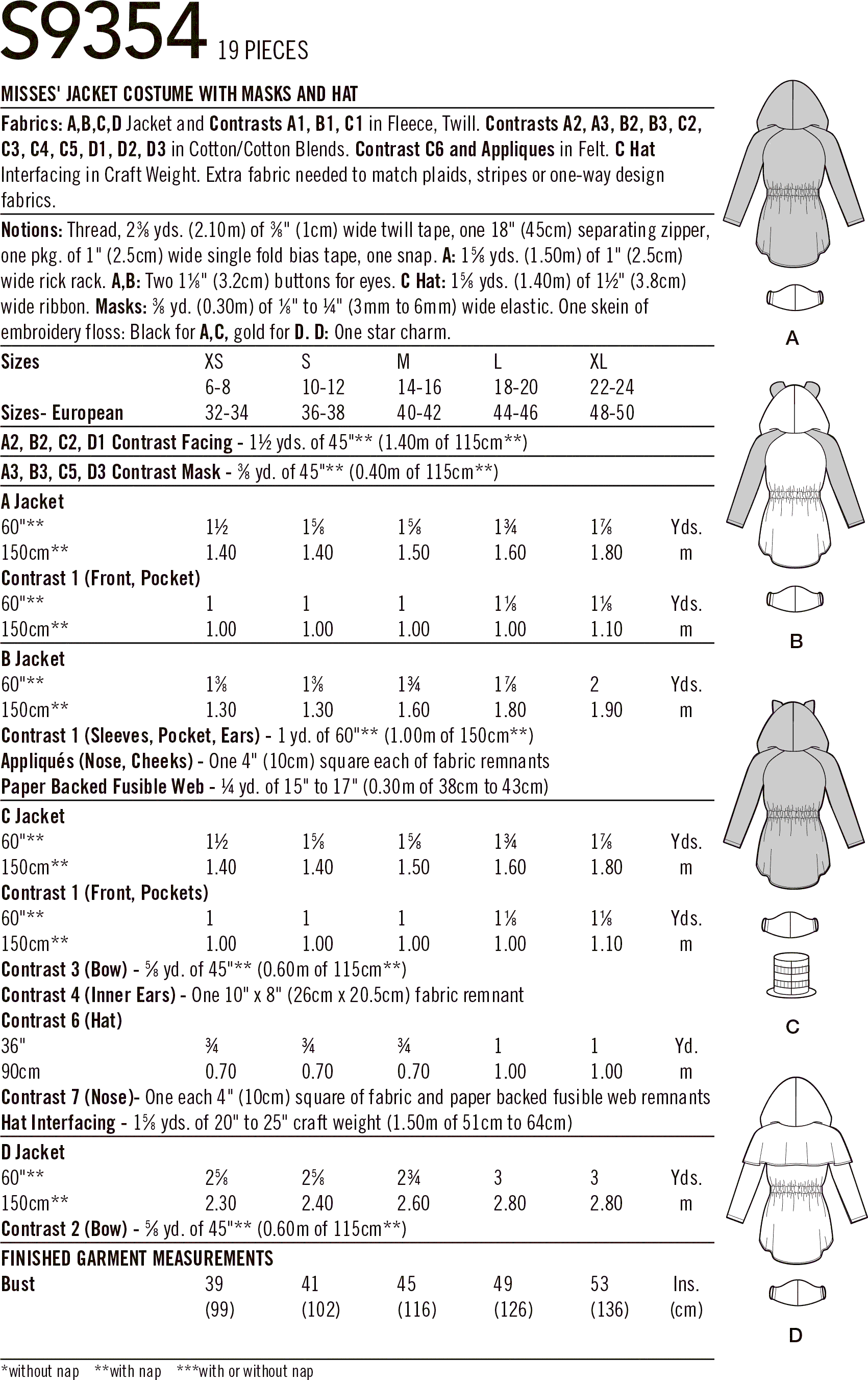 Simplicity Sewing Pattern S9354 Misses Jacket Costume with Masks and Hat 9354 Fabric Quantity Requirements From Patternsandplains.com