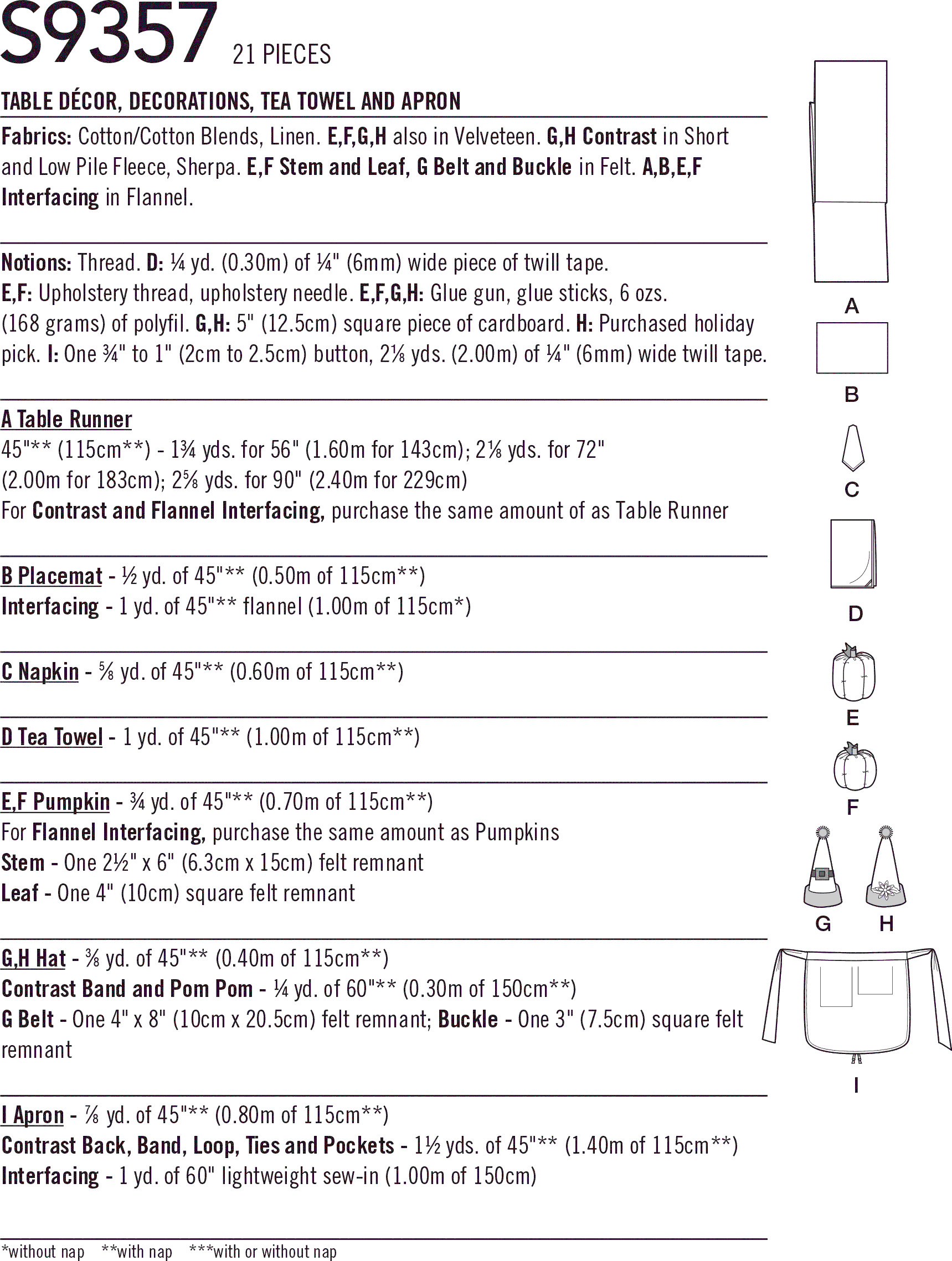 Simplicity Sewing Pattern S9357 Table Decor Decorations Tea Towel and Apron 9357 Fabric Quantity Requirements From Patternsandplains.com