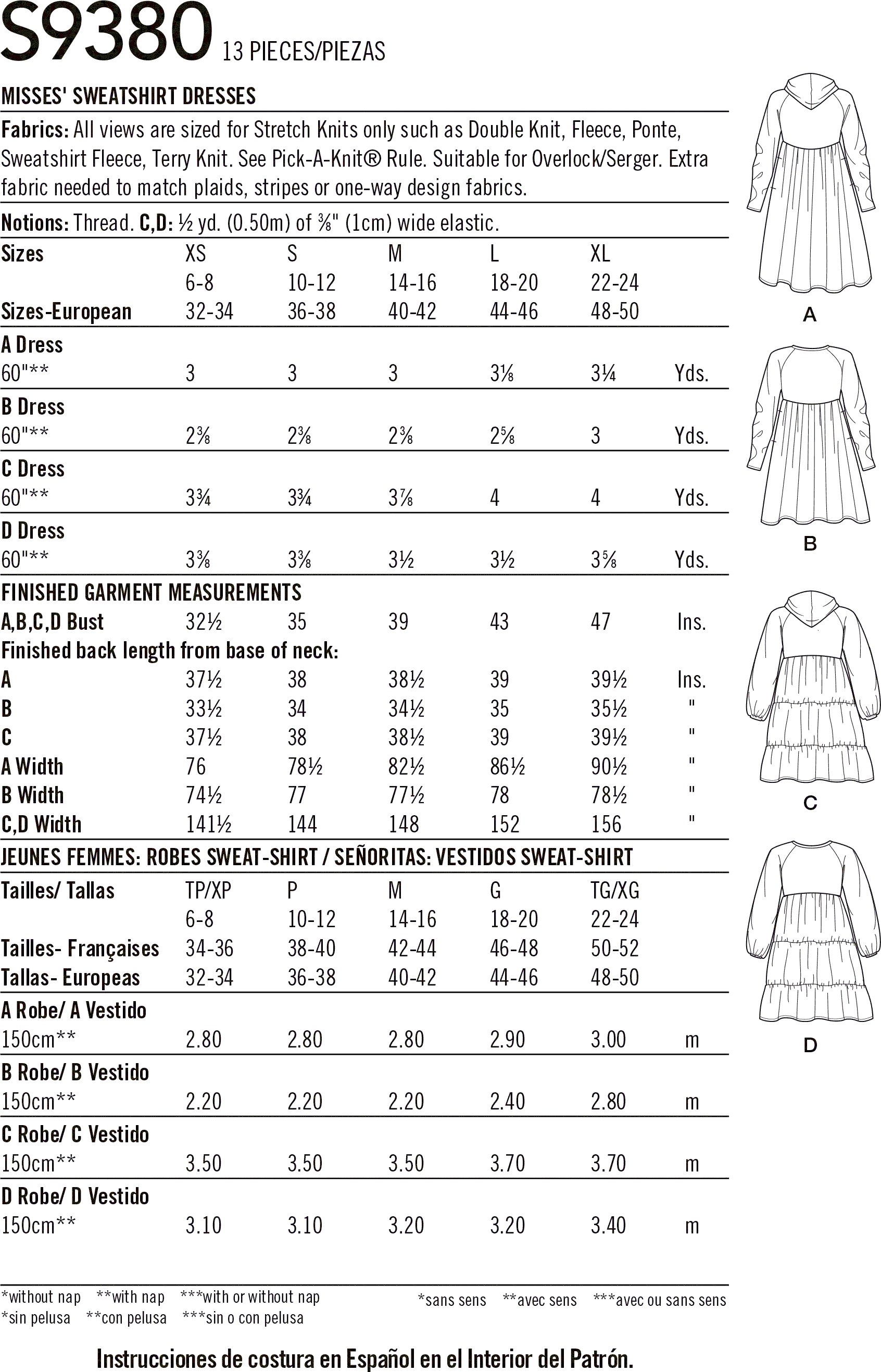 Simplicity Sewing Pattern S9380 Misses Sweatshirt Dresses 9380 Fabric Quantity Requirements From Patternsandplains.com