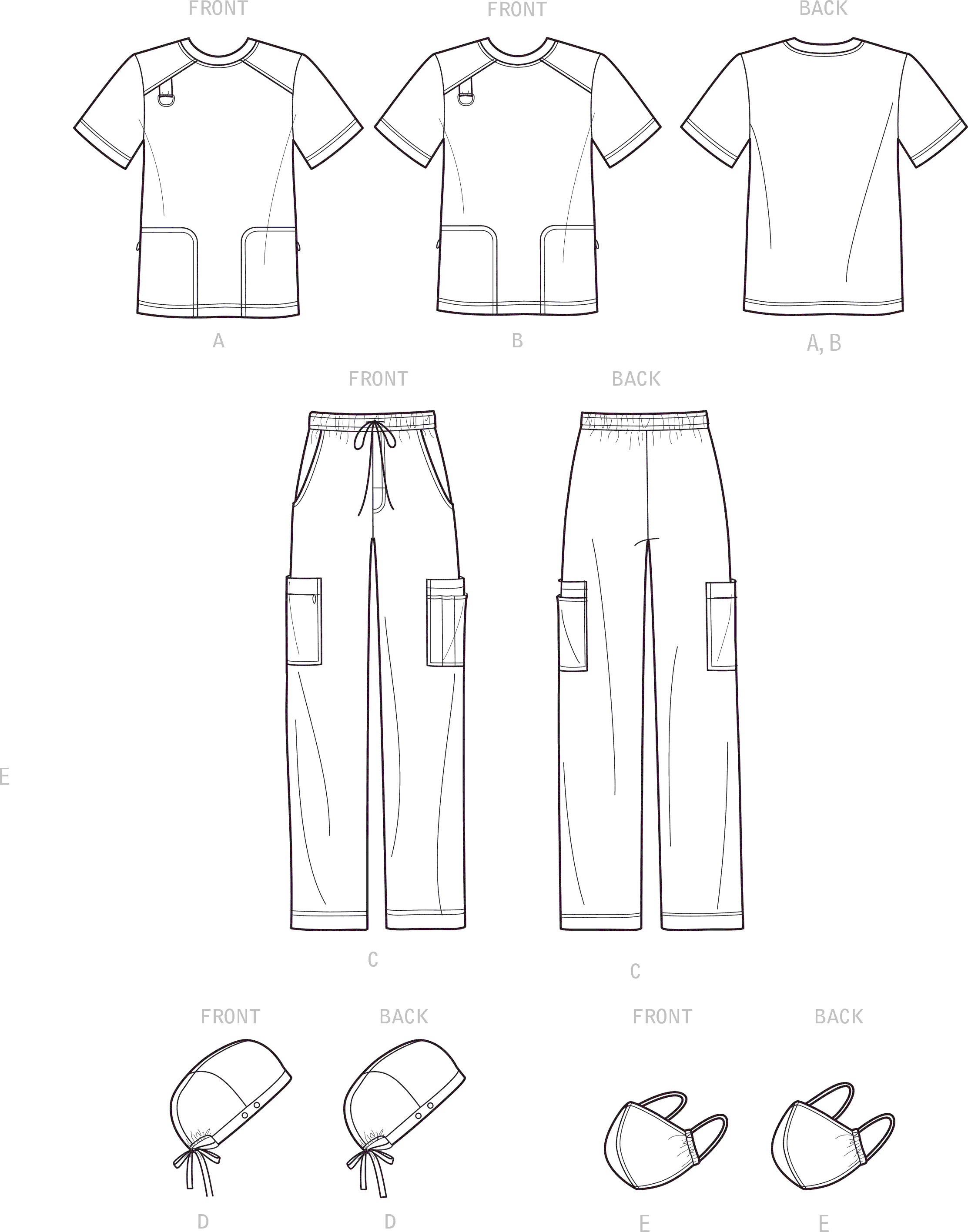 Simplicity Sewing Pattern S9387 Unisex Knit Scrub Tops Pants Cap and Mask 9387 Line Art From Patternsandplains.com