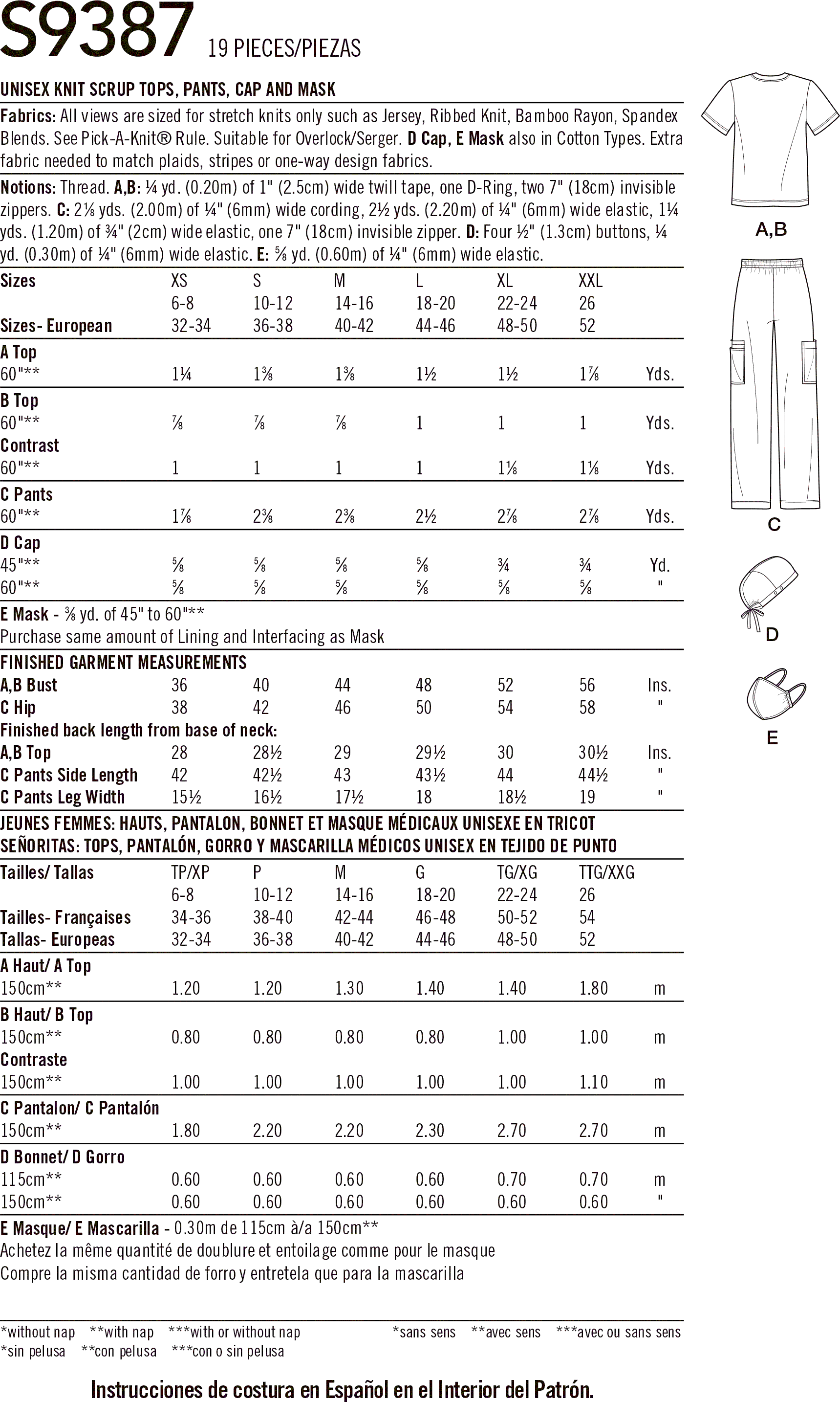 Simplicity Sewing Pattern S9387 Unisex Knit Scrub Tops Pants Cap and Mask 9387 Fabric Quantity Requirements From Patternsandplains.com