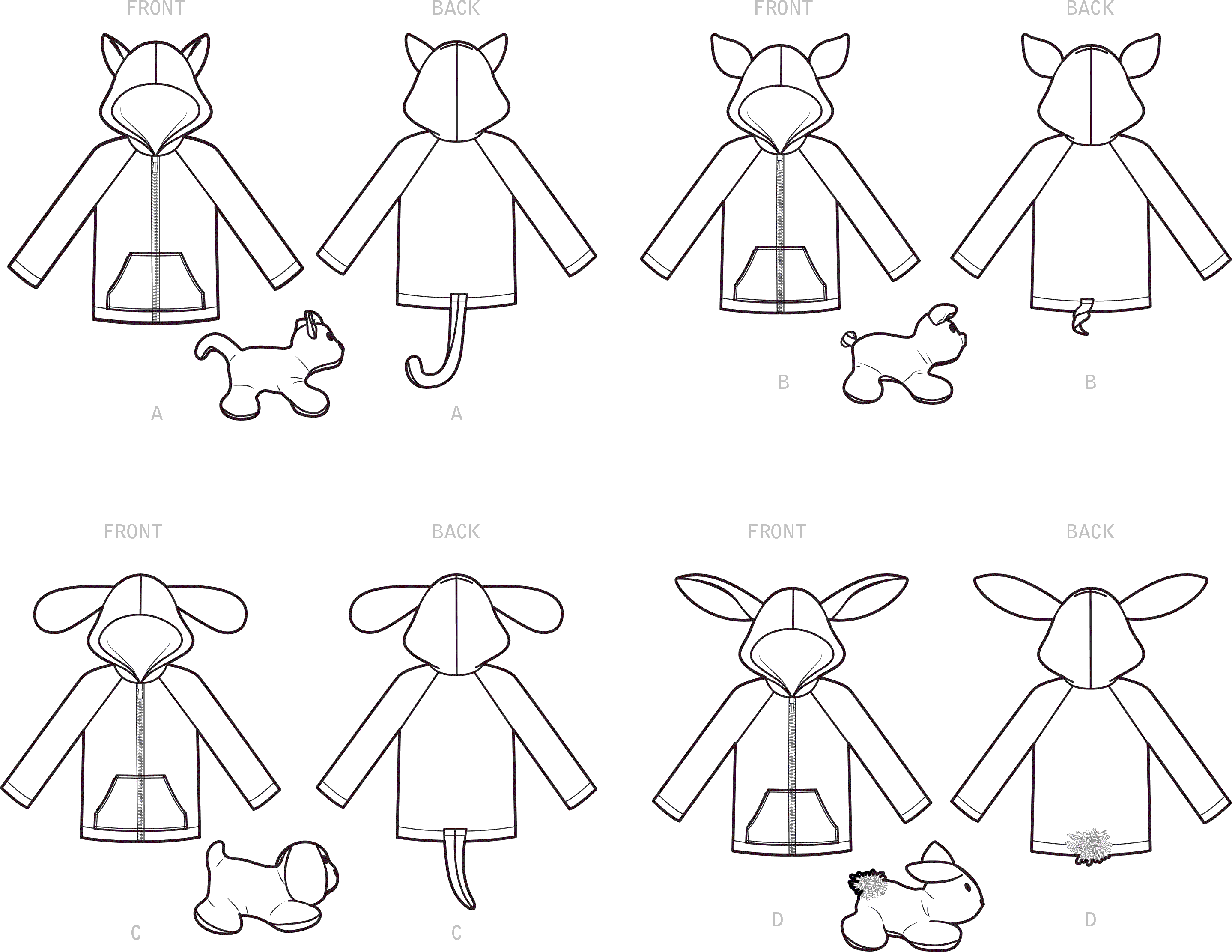 Simplicity Sewing Pattern S9391 Toddlers Jackets and Small Plush Animals 9391 Line Art From Patternsandplains.com