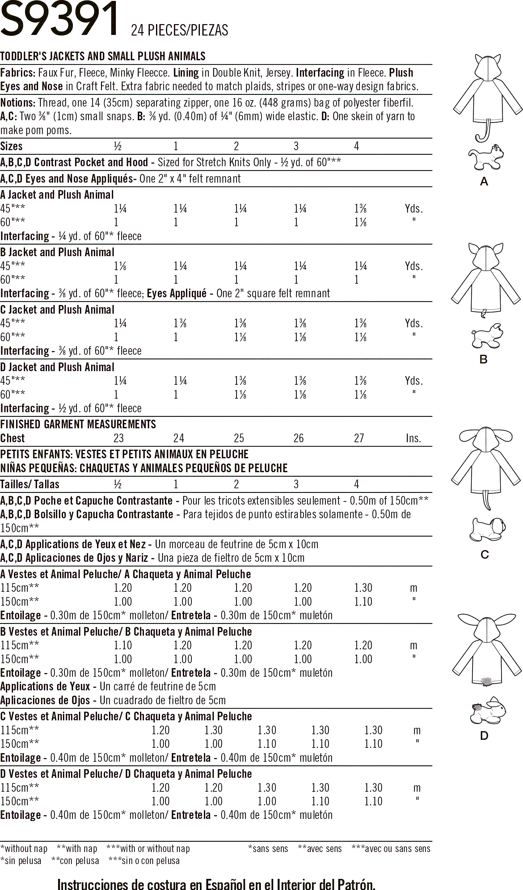 Simplicity Sewing Pattern S9391 Toddlers Jackets and Small Plush Animals 9391 Fabric Quantity Requirements From Patternsandplains.com