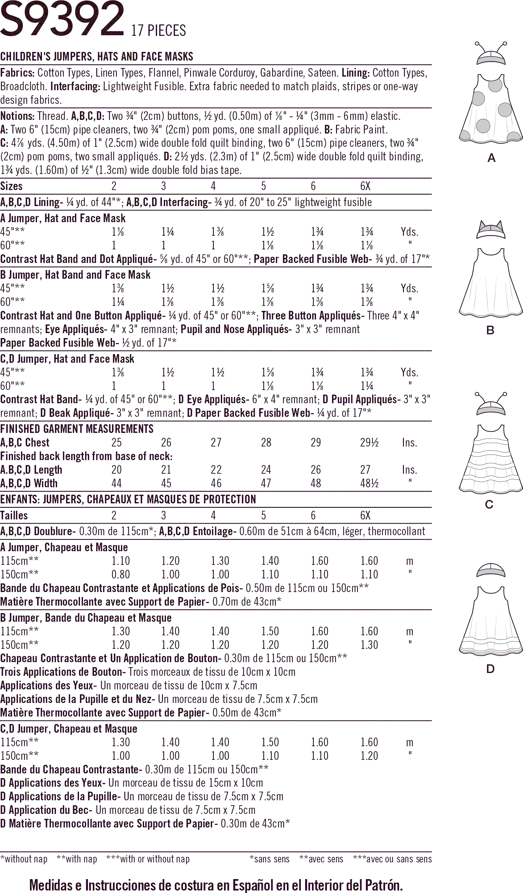 Simplicity Sewing Pattern S9392 Childrens Jumpers Hats and Face Masks 9392 Fabric Quantity Requirements From Patternsandplains.com