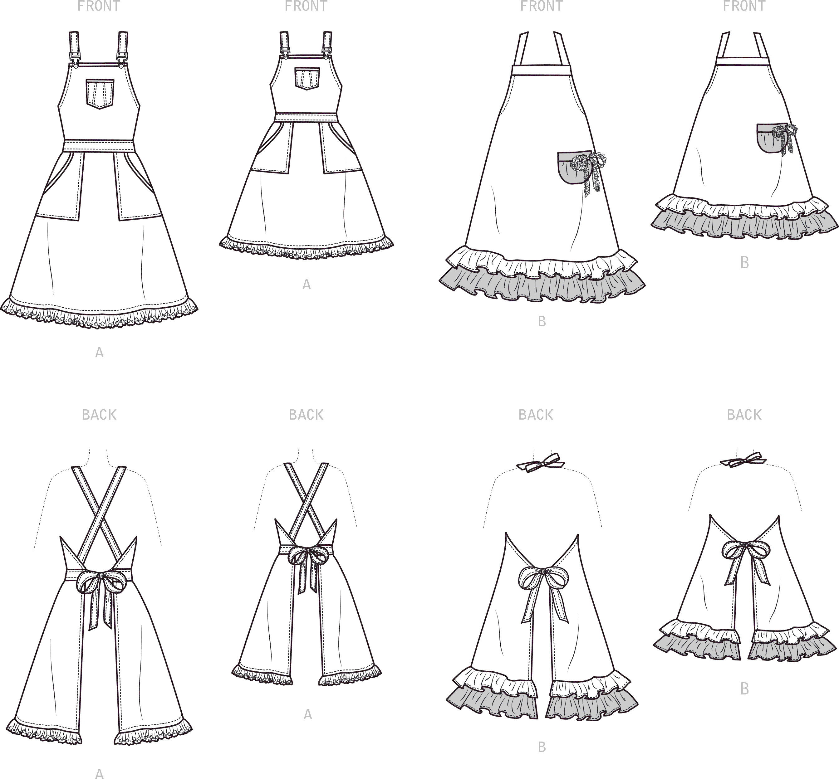 Simplicity Sewing Pattern S9395 Aprons for Misses Children and 18 Doll 9395 Line Art From Patternsandplains.com