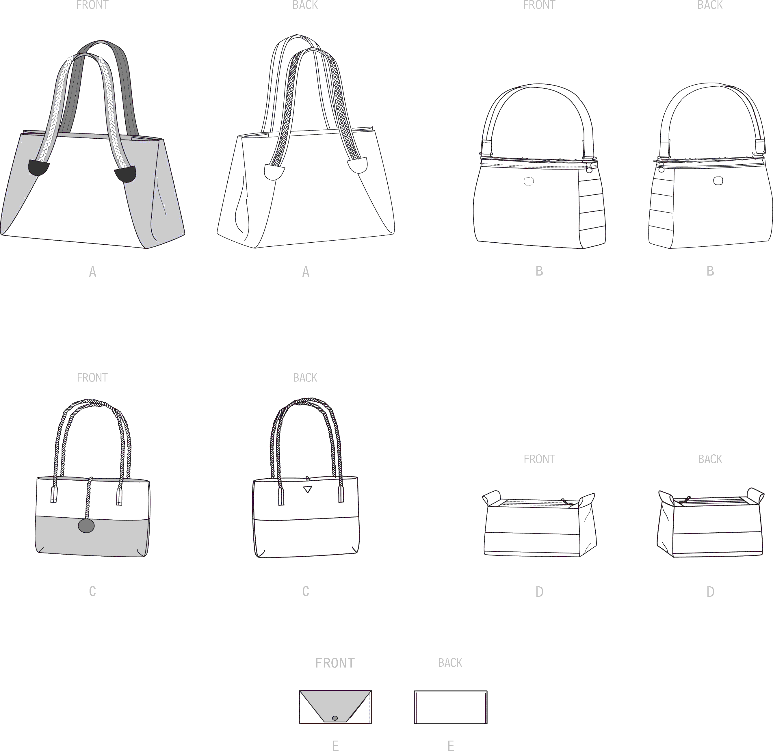 Simplicity Sewing Pattern S9398 Assorted Tote Bag Purse and Clutch 9398 Line Art From Patternsandplains.com