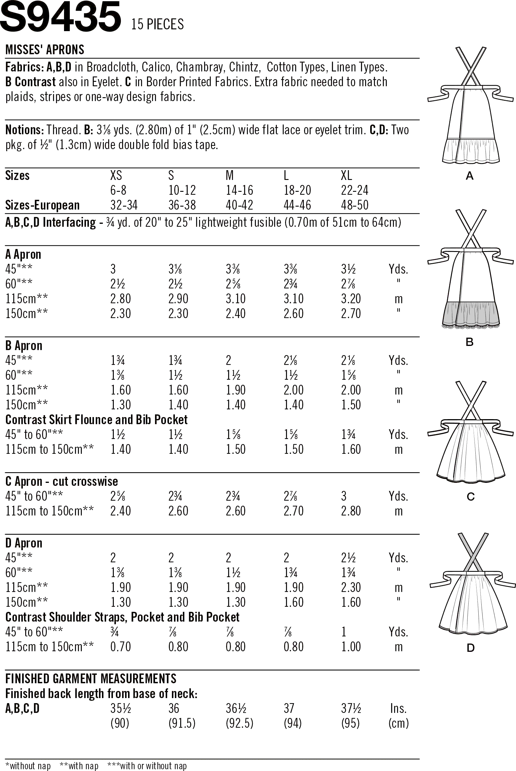 Simplicity Sewing Pattern S9435 Misses Aprons 9435 Fabric Quantity Requirements From Patternsandplains.com