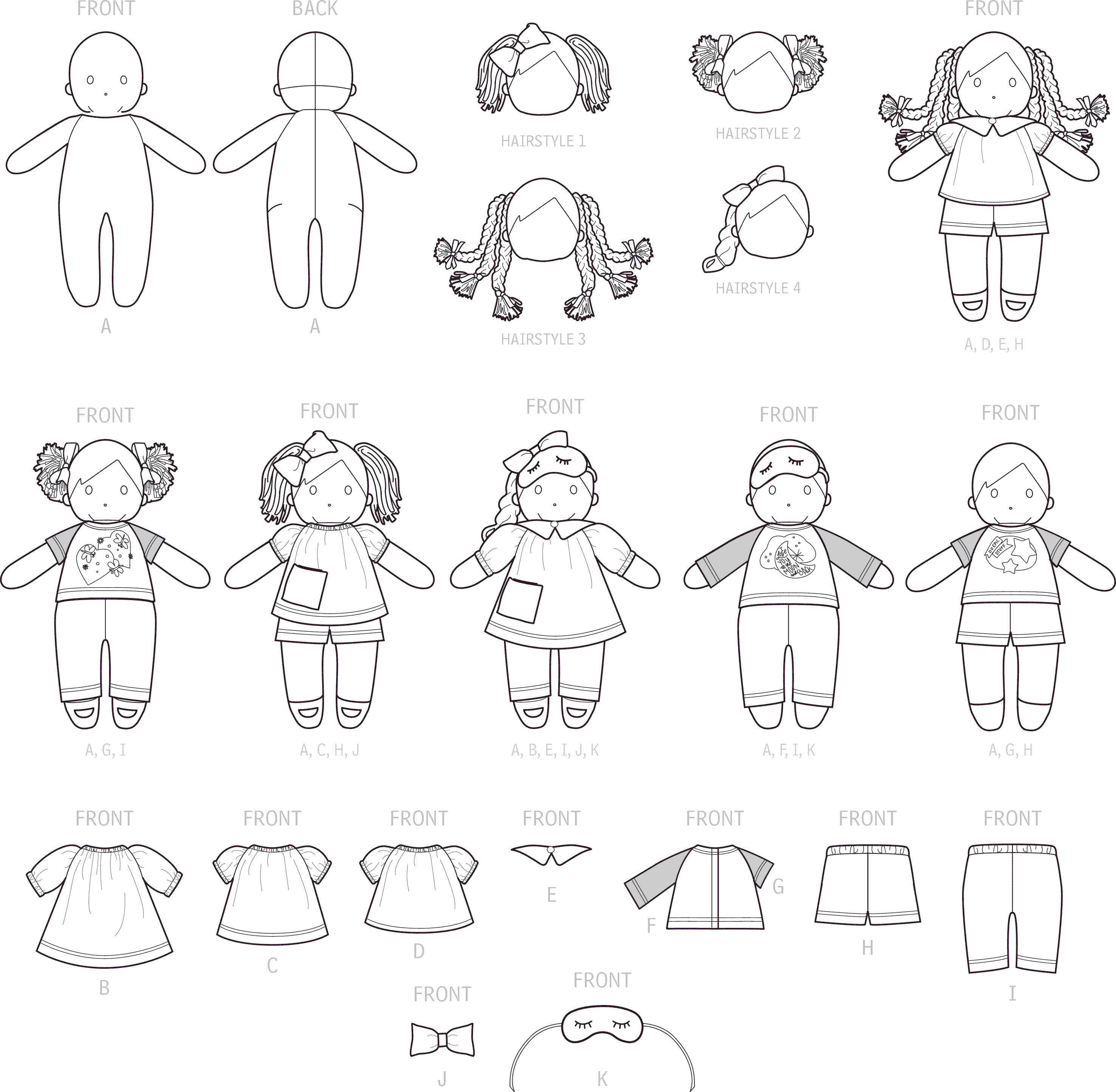 Simplicity Sewing Pattern S9440 Plush Dolls with Clothes 9440 Line Art From Patternsandplains.com