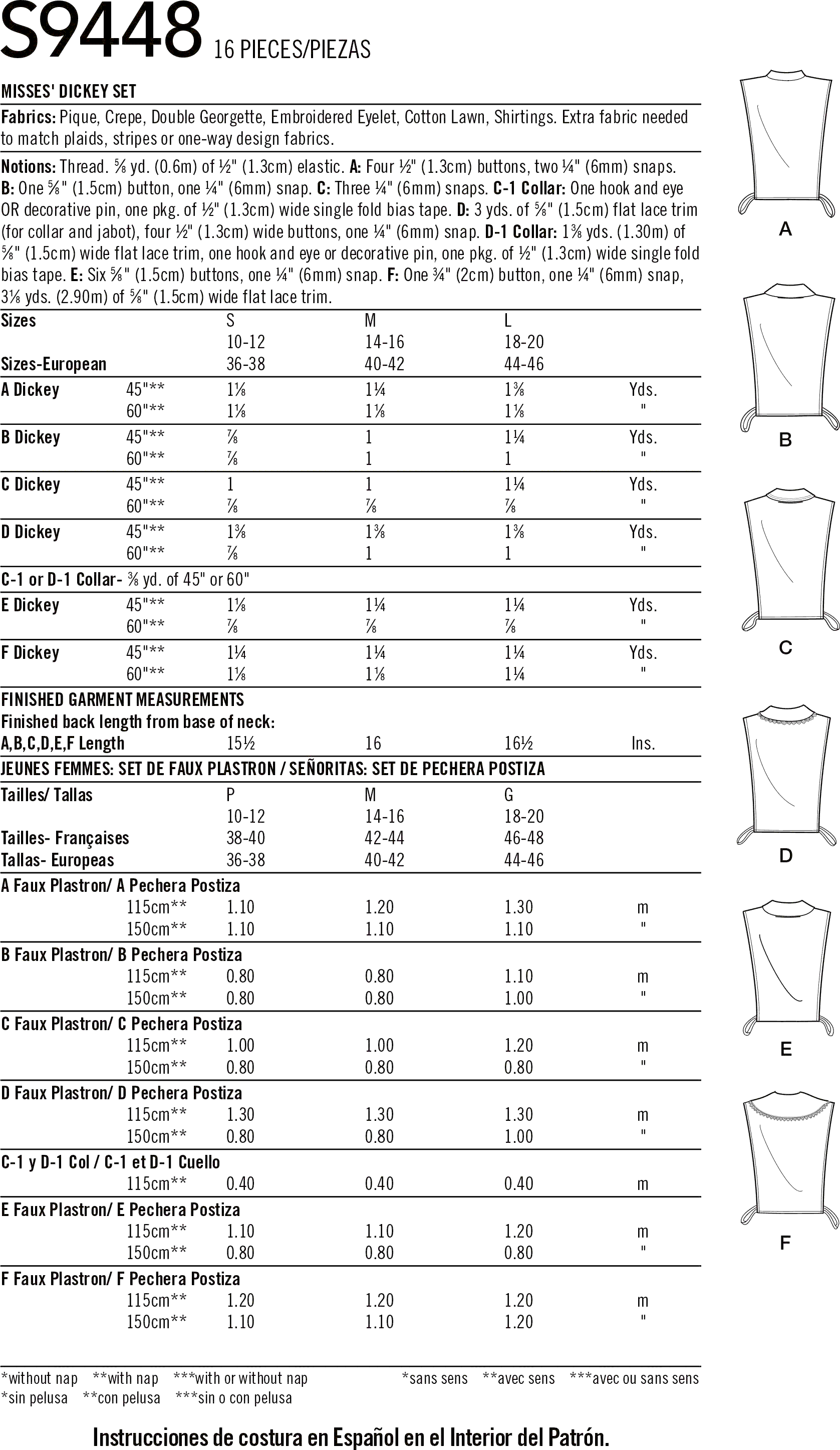 Simplicity Sewing Pattern S9448 Misses Dickey Set 9448 Fabric Quantity Requirements From Patternsandplains.com