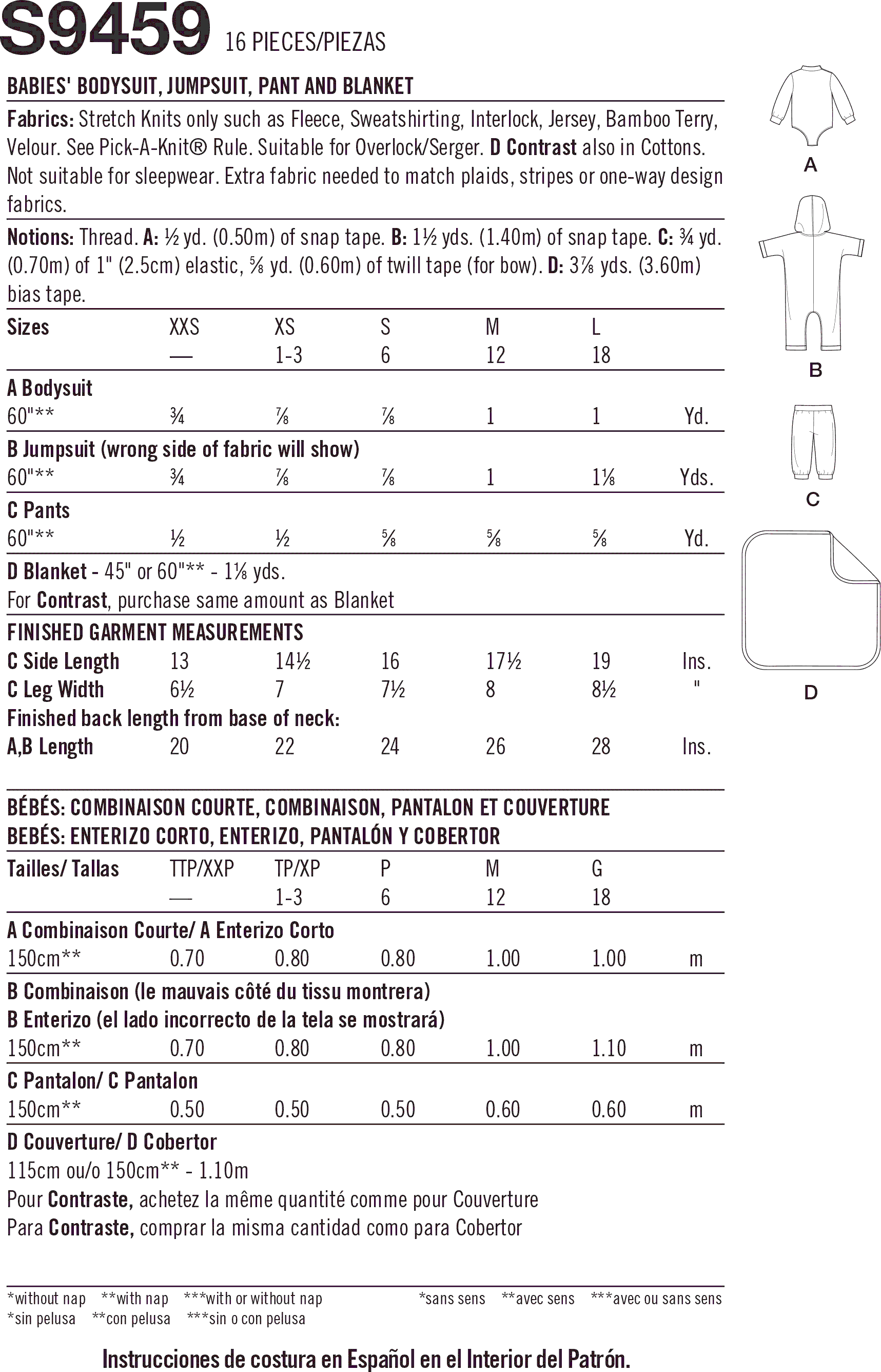 Simplicity Sewing Pattern S9459 Babies Bodysuit Jumpsuit Pants and Blanket 9459 Fabric Quantity Requirements From Patternsandplains.com