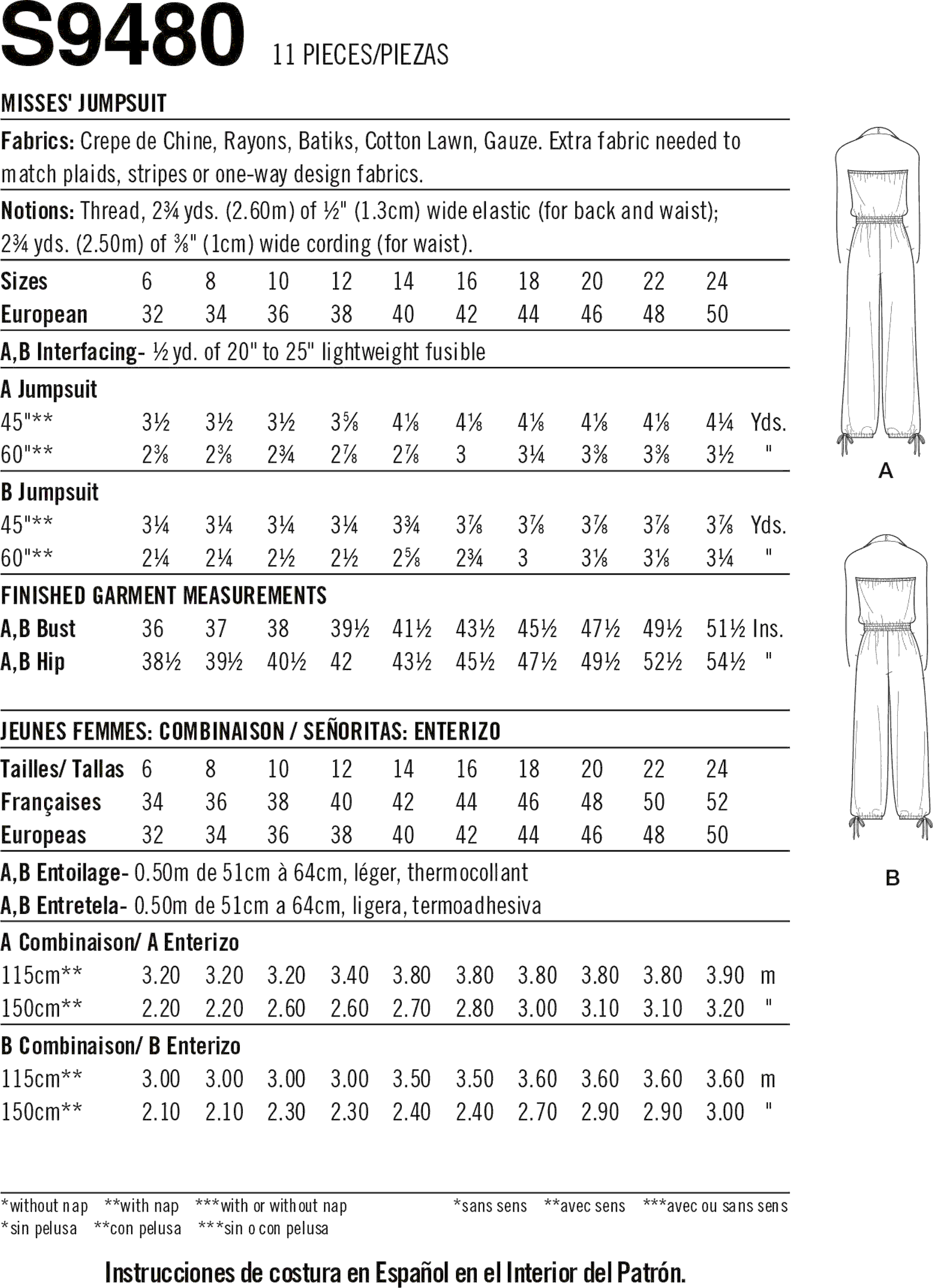 Simplicity Sewing Pattern S9480 Misses Jumpsuit 9480 Fabric Quantity Requirements From Patternsandplains.com