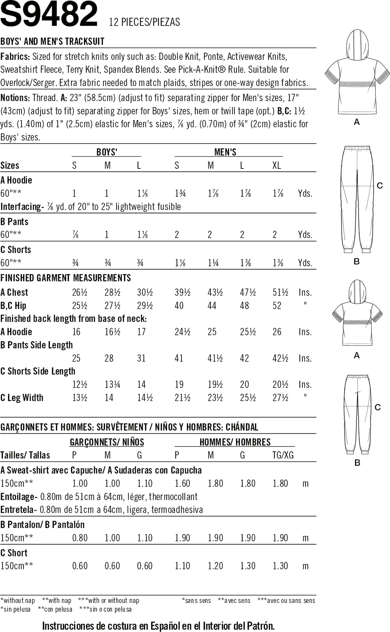 Simplicity Sewing Pattern S9482 Boys and Mens Tracksuit 9482 Fabric Quantity Requirements From Patternsandplains.com