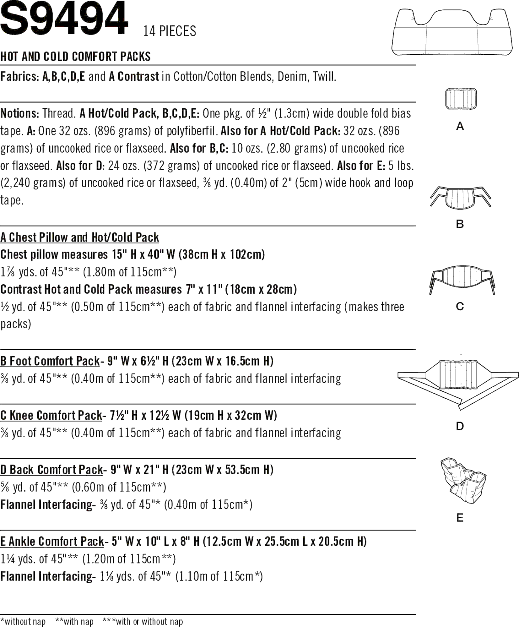Simplicity Sewing Pattern S9494 Hot and Cold Comfort Packs 9494 Fabric Quantity Requirements From Patternsandplains.com
