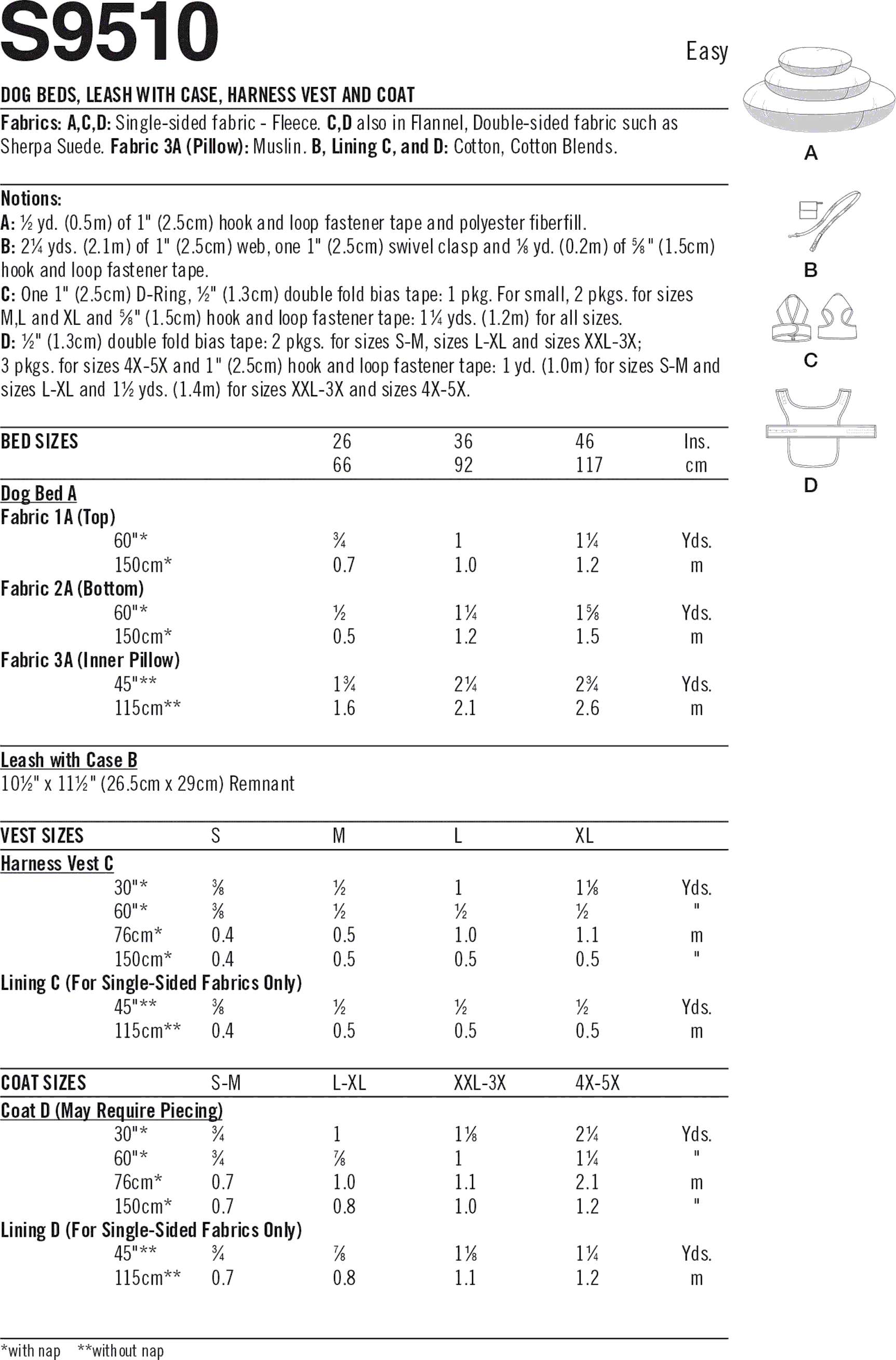 Simplicity Sewing Pattern S9510 Dog Beds Leash with Case Harness Vest and Coat 9510 Fabric Quantity Requirements From Patternsandplains.com