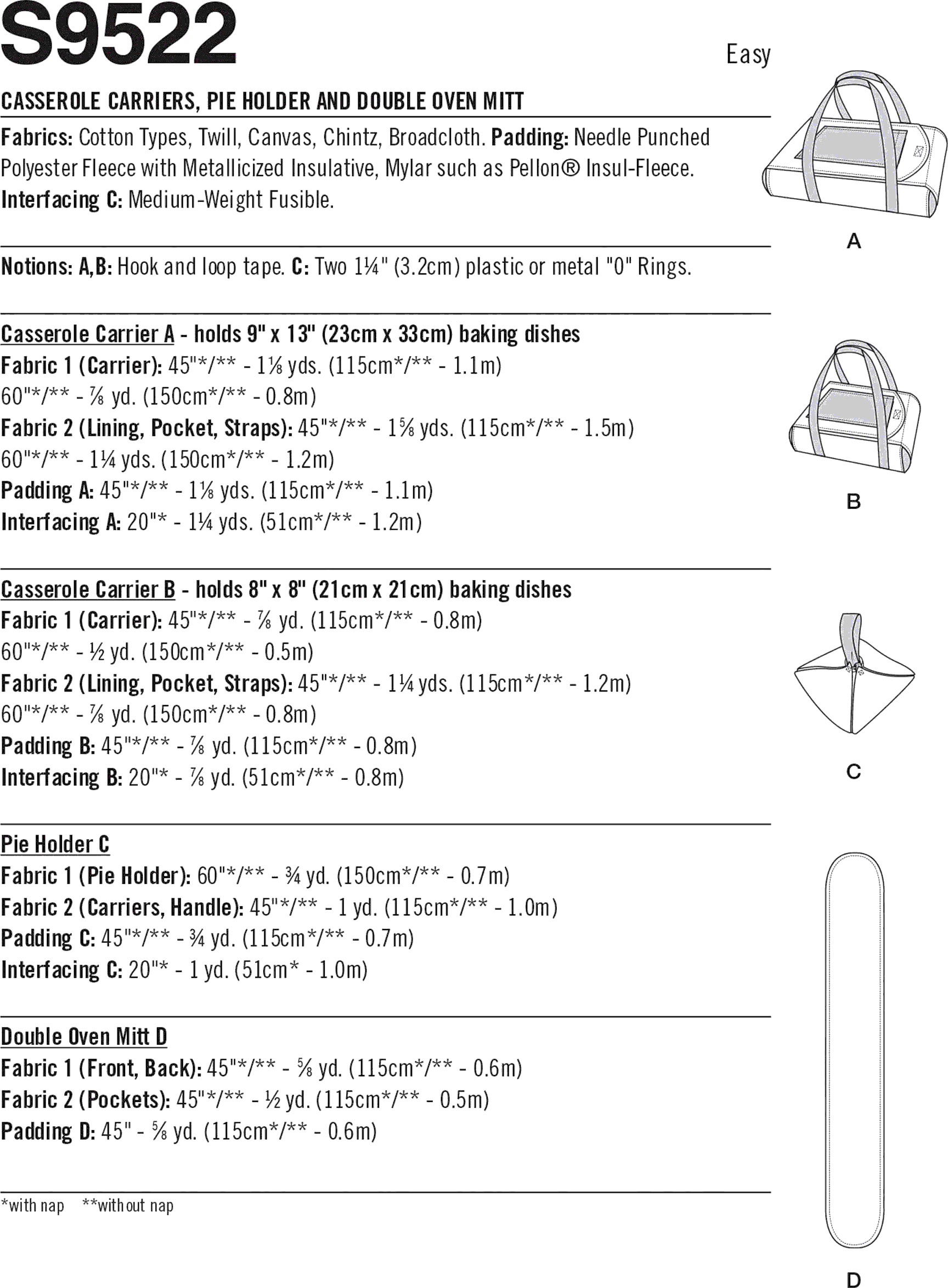 Simplicity Sewing Pattern S9522 Casserole Carriers Pie Holder and Double Oven Mitt 9522 Fabric Quantity Requirements From Patternsandplains.com