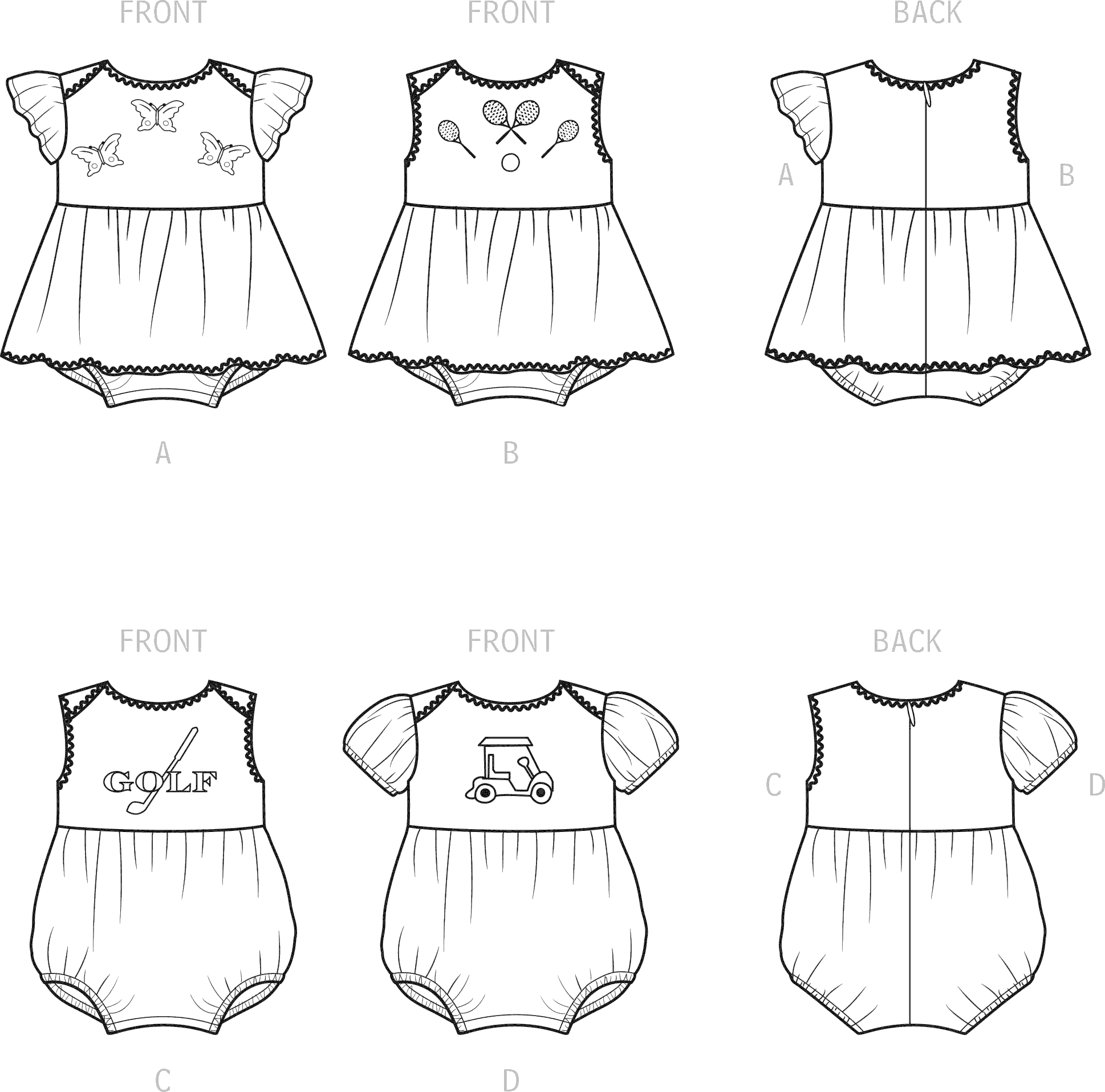 Simplicity Sewing Pattern S9557 Babies Romper 9557 Line Art From Patternsandplains.com