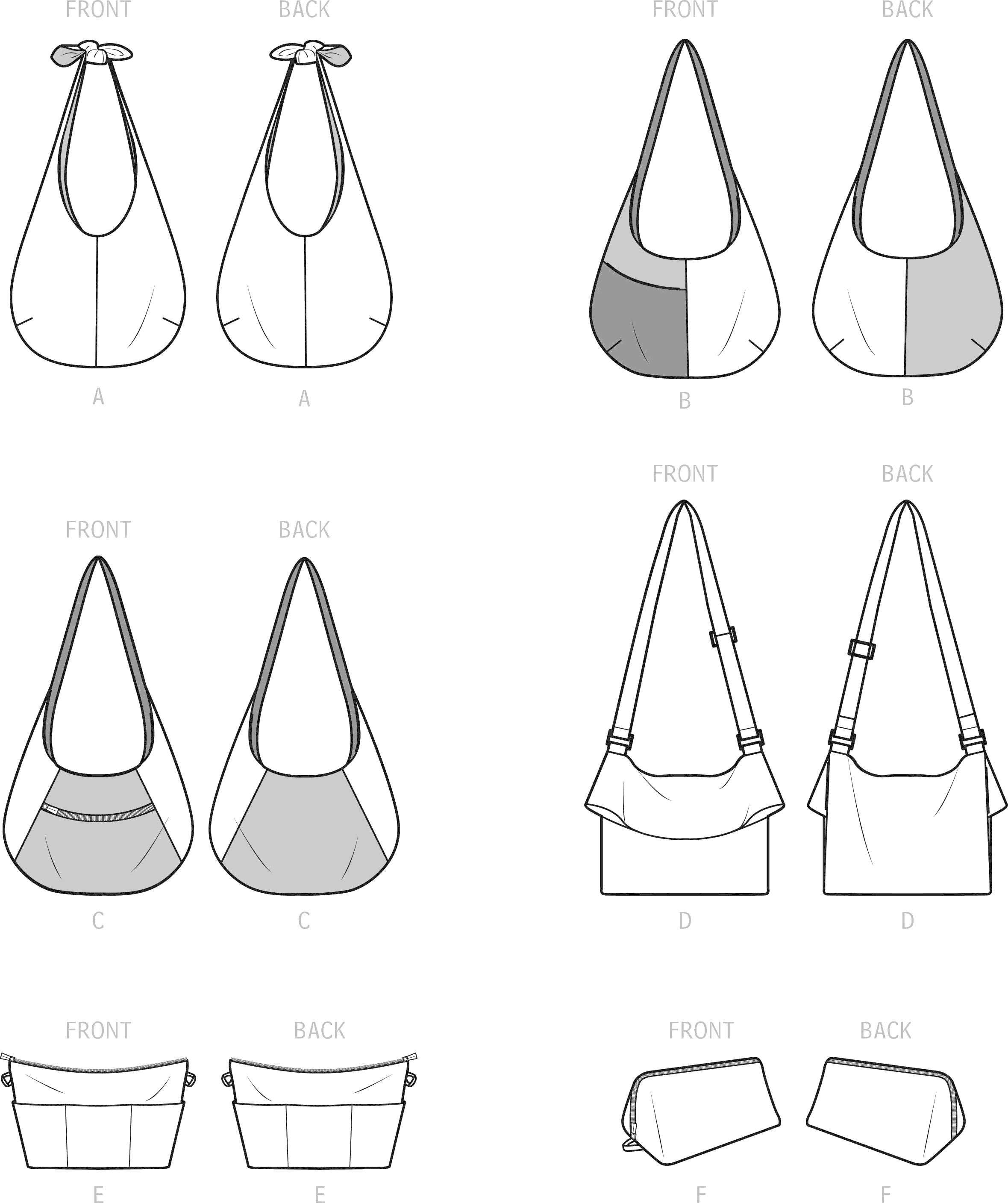 Simplicity Sewing Pattern S9563 Slouch Bags Purse Organizer and Cosmetic Case 9563 Line Art From Patternsandplains.com