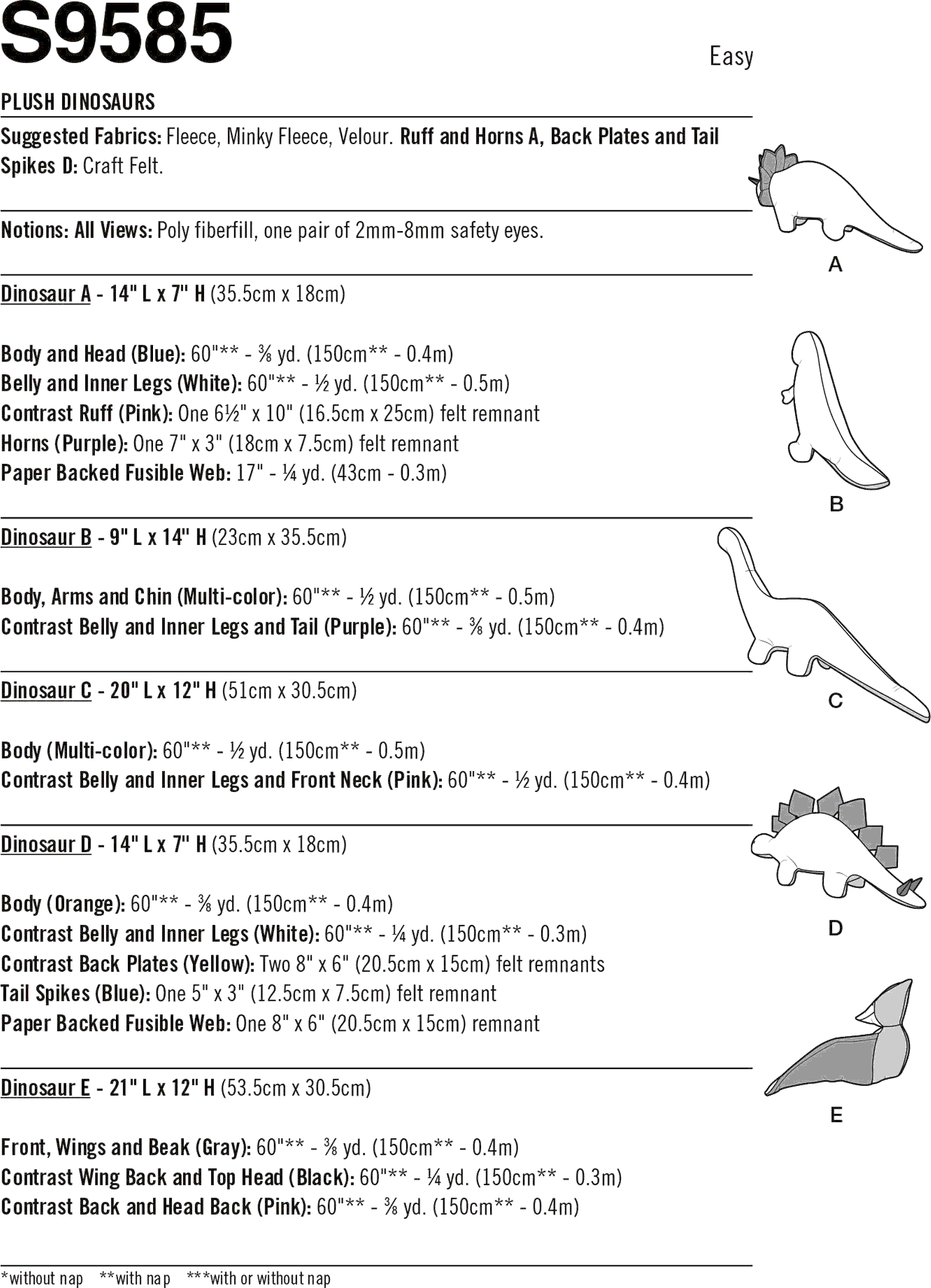 Simplicity Sewing Pattern S9585 Plush Dinosaurs by Andrea Schewe 9585 Fabric Quantity Requirements From Patternsandplains.com