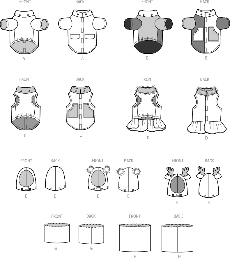 Simplicity Sewing Pattern S9663 Pet Coats with Optional Hoods and Cowls in Sizes S M L and Adult Cowl 9663 Line Art From Patternsandplains.com