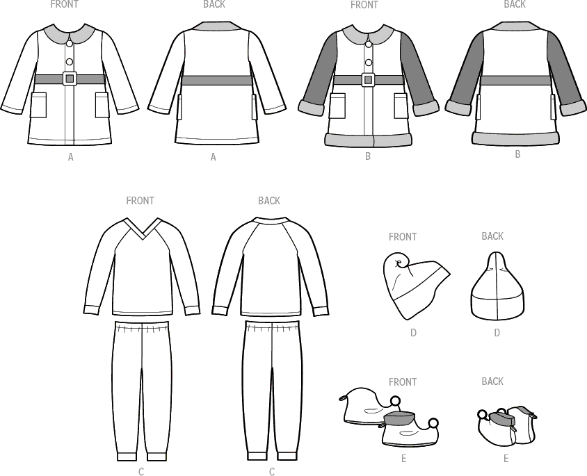 Simplicity Sewing Pattern S9672 Childrens Robes Top Pants Hat and Slippers in Sizes S M L 9672 Line Art From Patternsandplains.com