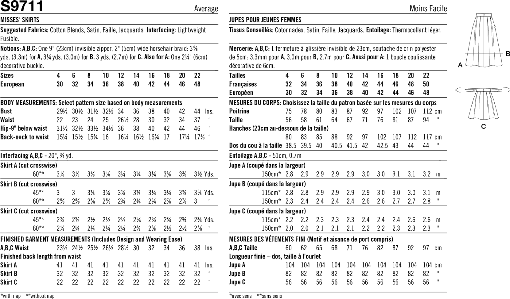 Simplicity Sewing Pattern S9711 Misses Skirts 9711 Fabric Quantity Requirements From Patternsandplains.com