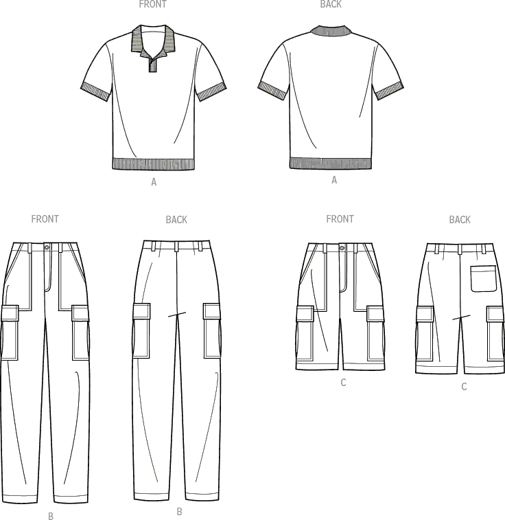 Simplicity Sewing Pattern S9718 Mens Knit Top Cargo Pants and Shorts 9718 Line Art From Patternsandplains.com