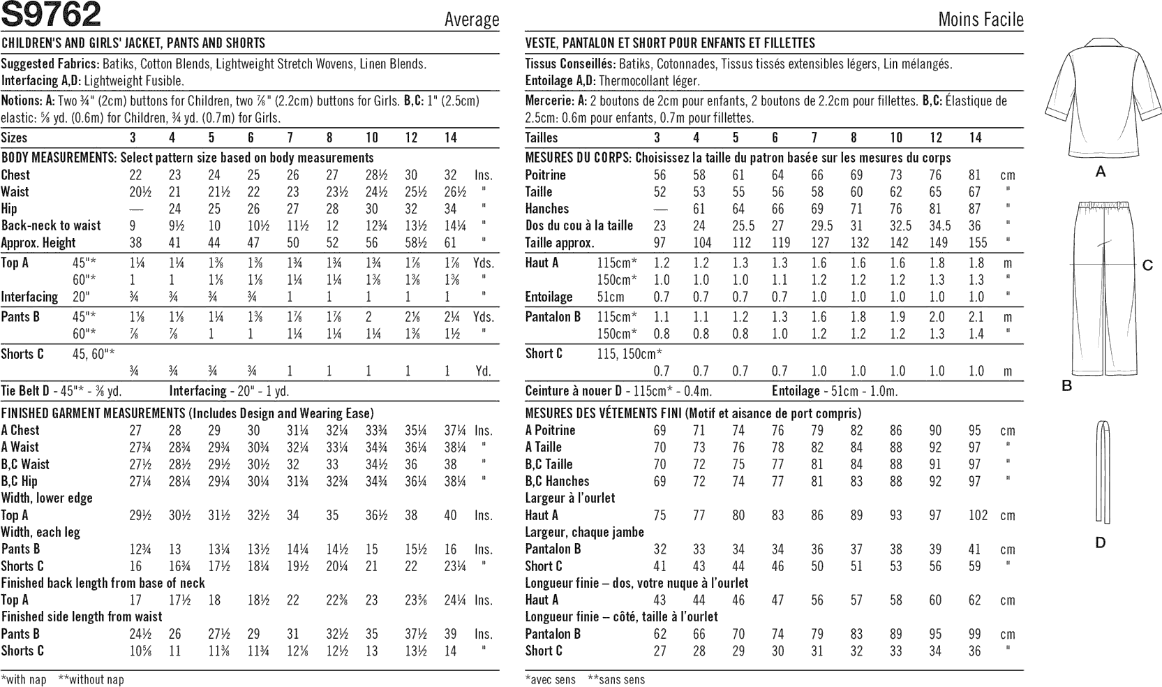 Simplicity Sewing Pattern S9762 Childrens and Girls Jacket Pants and Shorts for American Sewing Guild 9762 Fabric Quantity Requirements From Patternsandplains.com