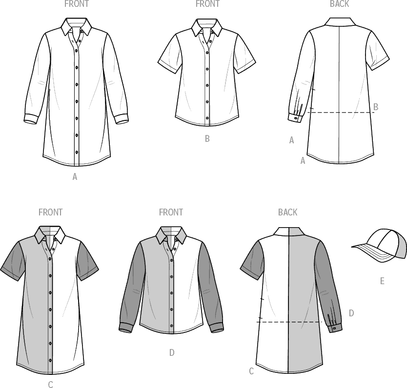 Simplicity Sewing Pattern S9763 Girls Shirtdresses Shirts and Hat 9763 Line Art From Patternsandplains.com