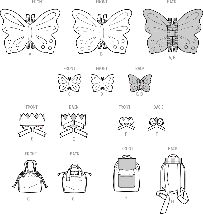 Simplicity Sewing Pattern S9765 Childrens Wings Crown Tote Backpack and Wings and Crown for Doll by Laura Ashley 9765 Line Art From Patternsandplains.com