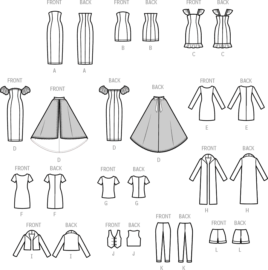 Simplicity Sewing Pattern S9769 11 1 2 Fashion Clothes for Regular and Curvy Size Dolls by Andrea Schewe Designs 9769 Line Art From Patternsandplains.com