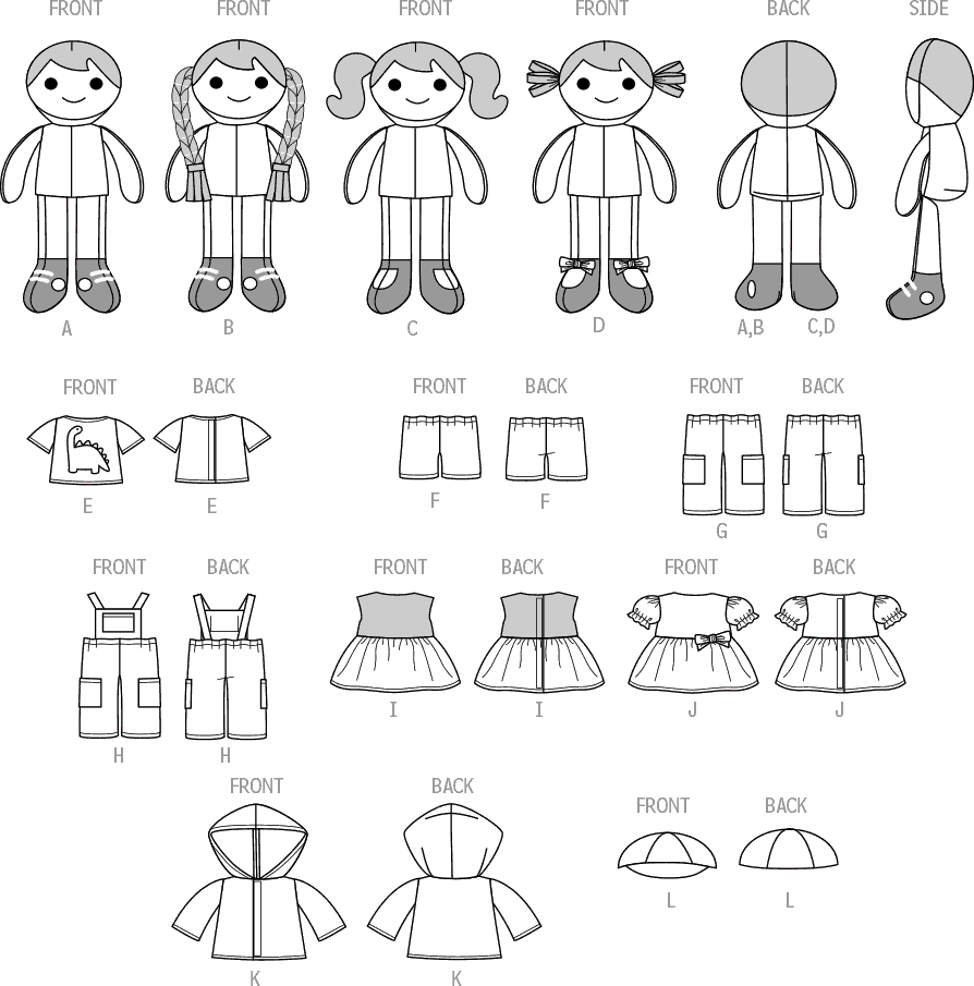 Simplicity Sewing Pattern S9770 14 1 2 Cloth Dolls and Clothes by Longia Miller 9770 Line Art From Patternsandplains.com
