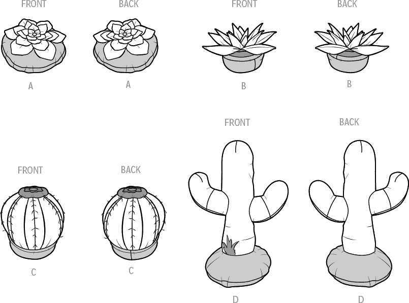 Simplicity Sewing Pattern S9772 Decorative Succulent and Cactus Plush Pillows by Carla Reiss Design 9772 Line Art From Patternsandplains.com