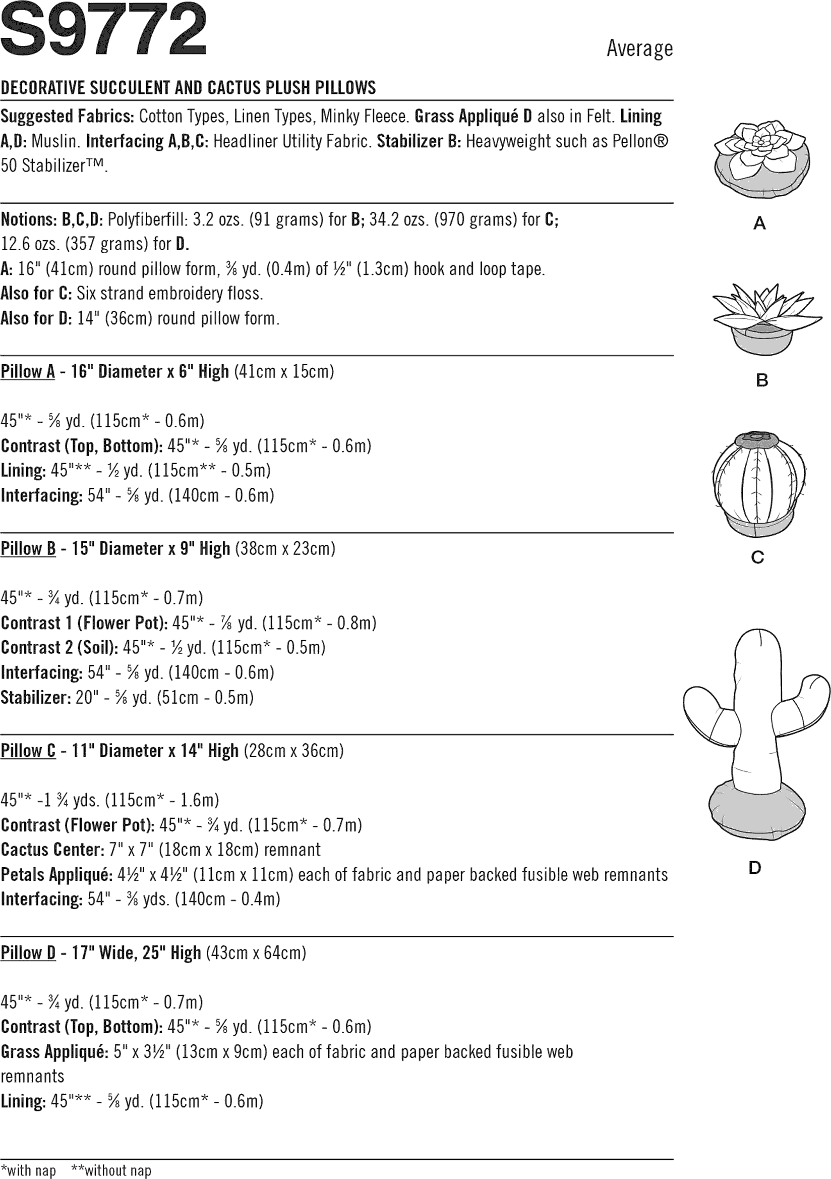 Simplicity Sewing Pattern S9772 Decorative Succulent and Cactus Plush Pillows by Carla Reiss Design 9772 Fabric Quantity Requirements From Patternsandplains.com