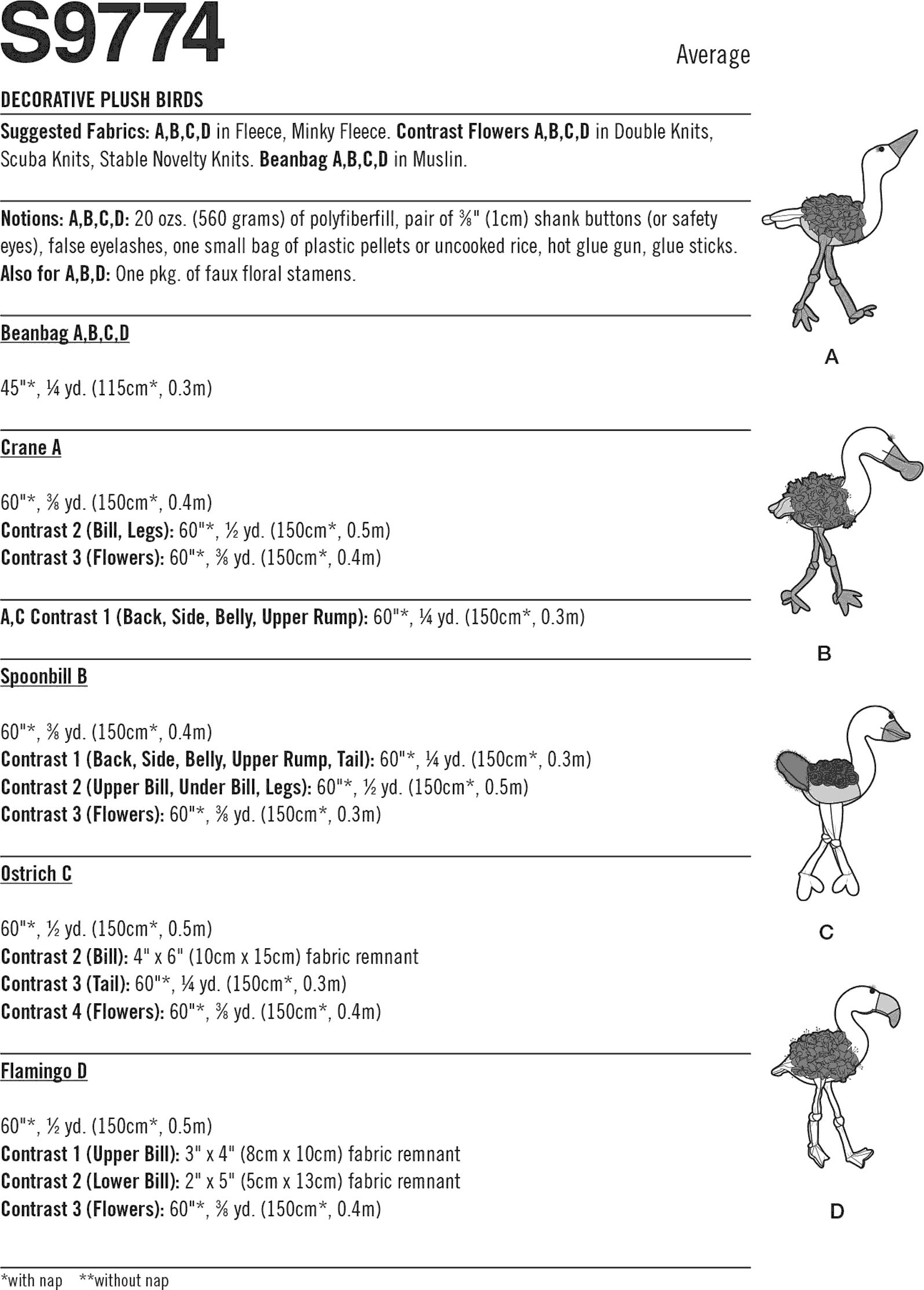 Simplicity Sewing Pattern S9774 Decorative Plush Birds by Carla Reiss Design 9774 Fabric Quantity Requirements From Patternsandplains.com