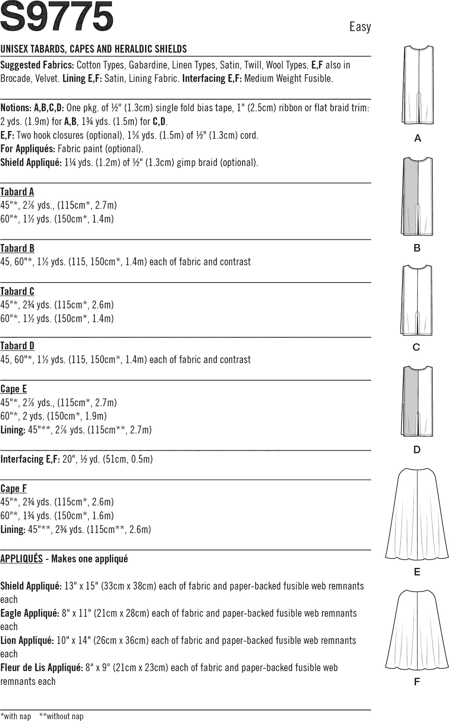 Simplicity Sewing Pattern S9775 Unisex Tabards Capes and Heraldic Shields 9775 Fabric Quantity Requirements From Patternsandplains.com