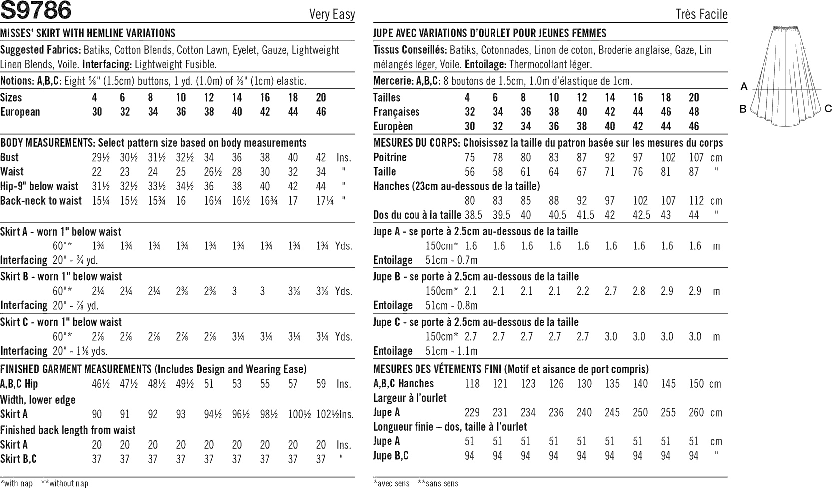 Simplicity Sewing Pattern S9786 Misses Skirt With Hemline Variations 9786 Fabric Quantity Requirements From Patternsandplains.com
