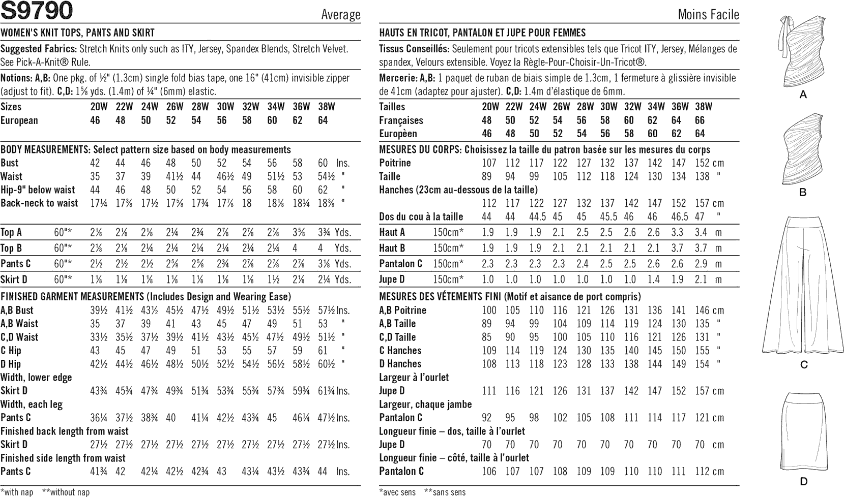 Simplicity Sewing Pattern S9790 Womens Knit Tops Pants and Skirt 9790 Fabric Quantity Requirements From Patternsandplains.com