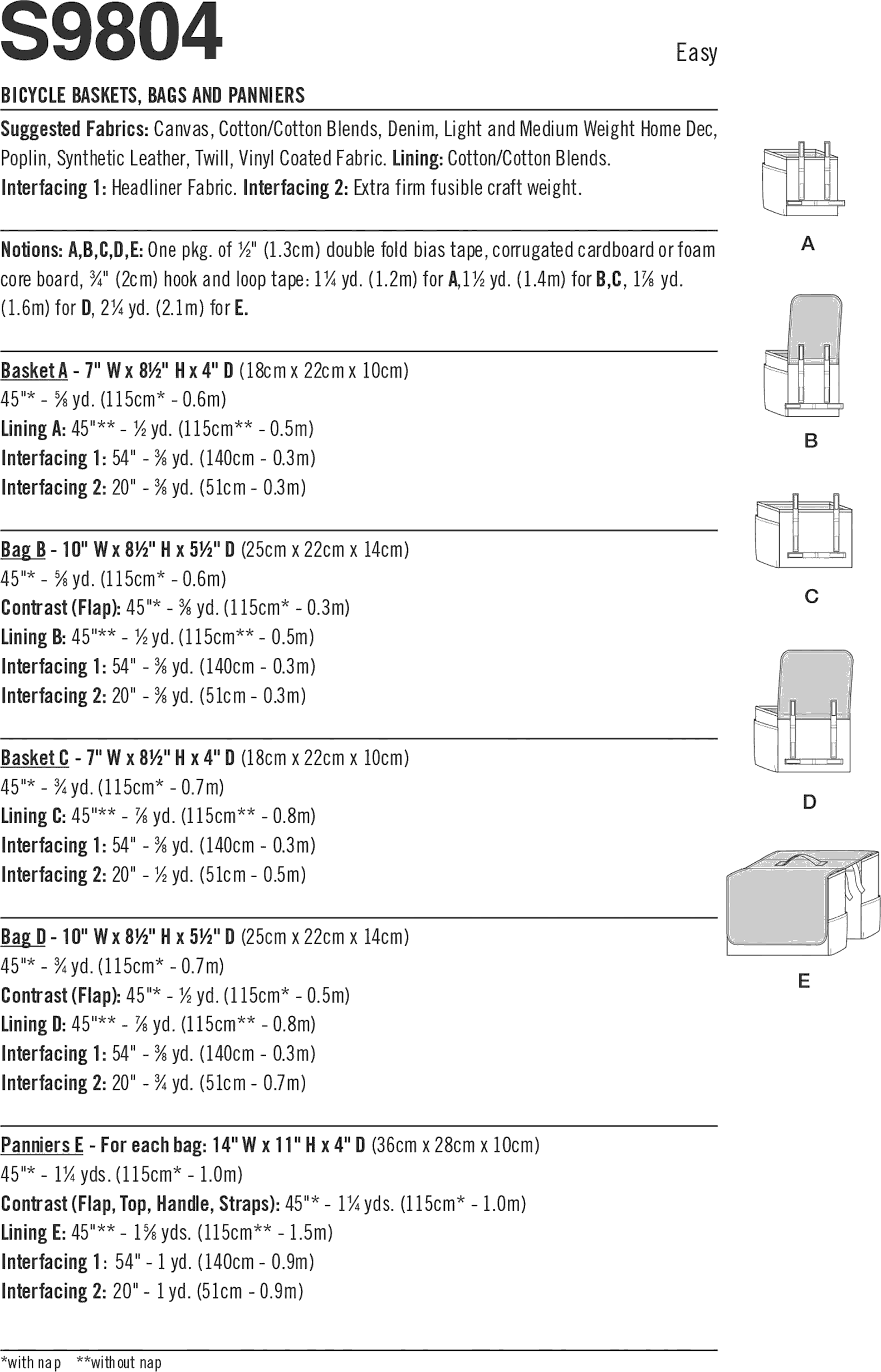 Simplicity Sewing Pattern S9804 Bicycle Baskets Bags and Panniers 9804 Fabric Quantity Requirements From Patternsandplains.com