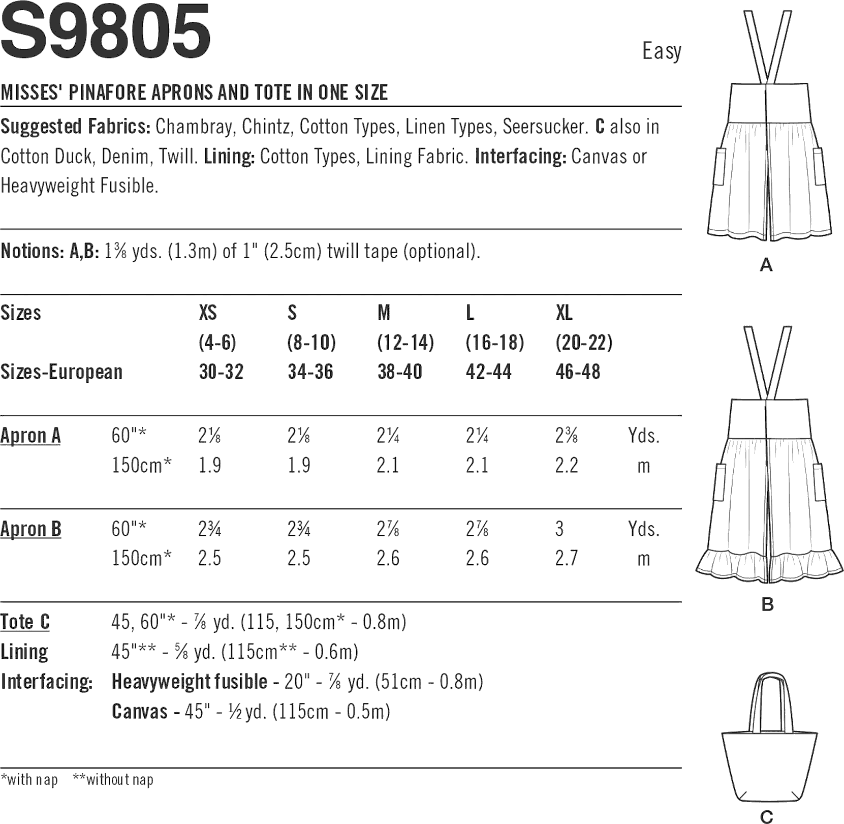 Simplicity Sewing Pattern S9805 Misses Pinafore Aprons and Tote in One Size by Elaine Heigl Designs 9805 Fabric Quantity Requirements From Patternsandplains.com