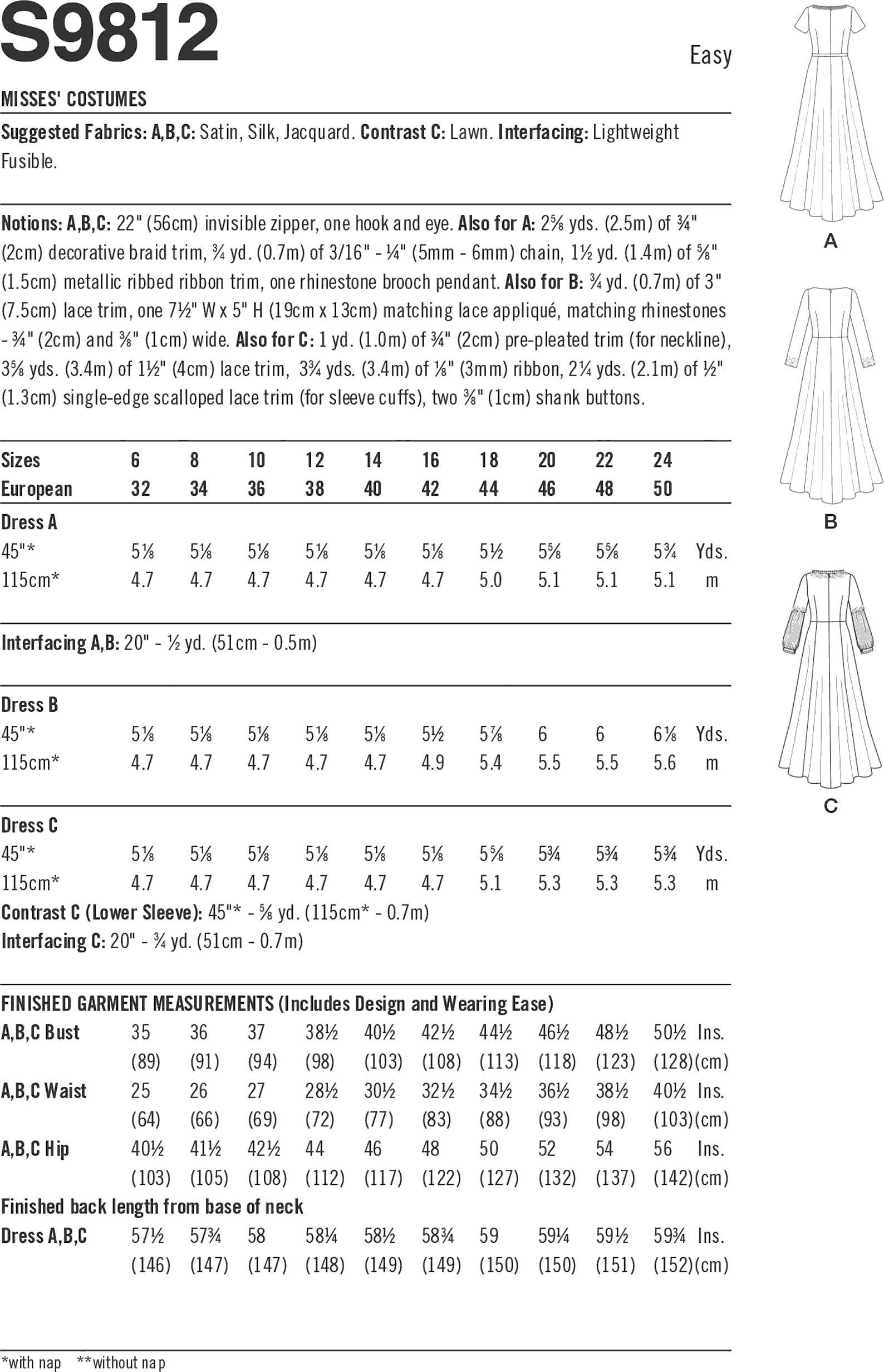 Simplicity Sewing Pattern S9812 Misses Costumes 9812 Fabric Quantity Requirements From Patternsandplains.com