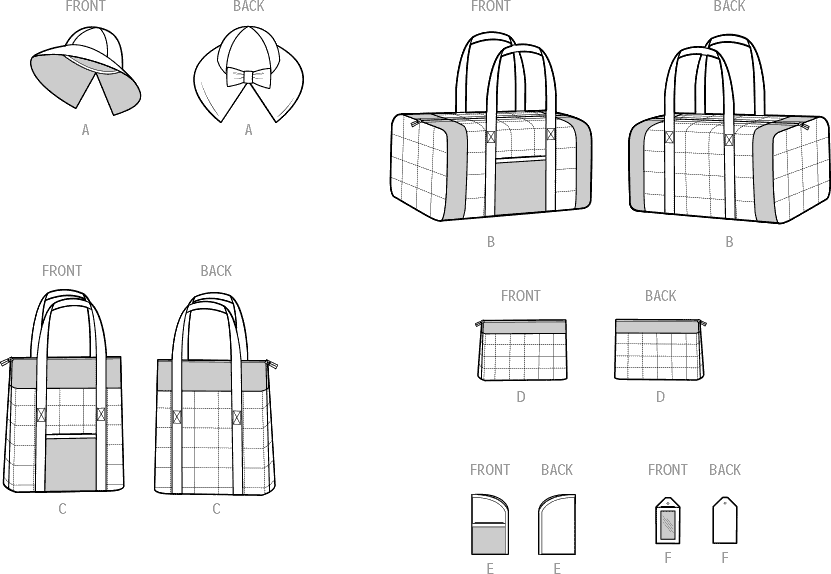 Simplicity Sewing Pattern S9814 Hat in Three Sizes Duffel Tote Cosmetic Case Eyeglass Case and Luggage Tag by Laura Ashley 9814 Line Art From Patternsandplains.com