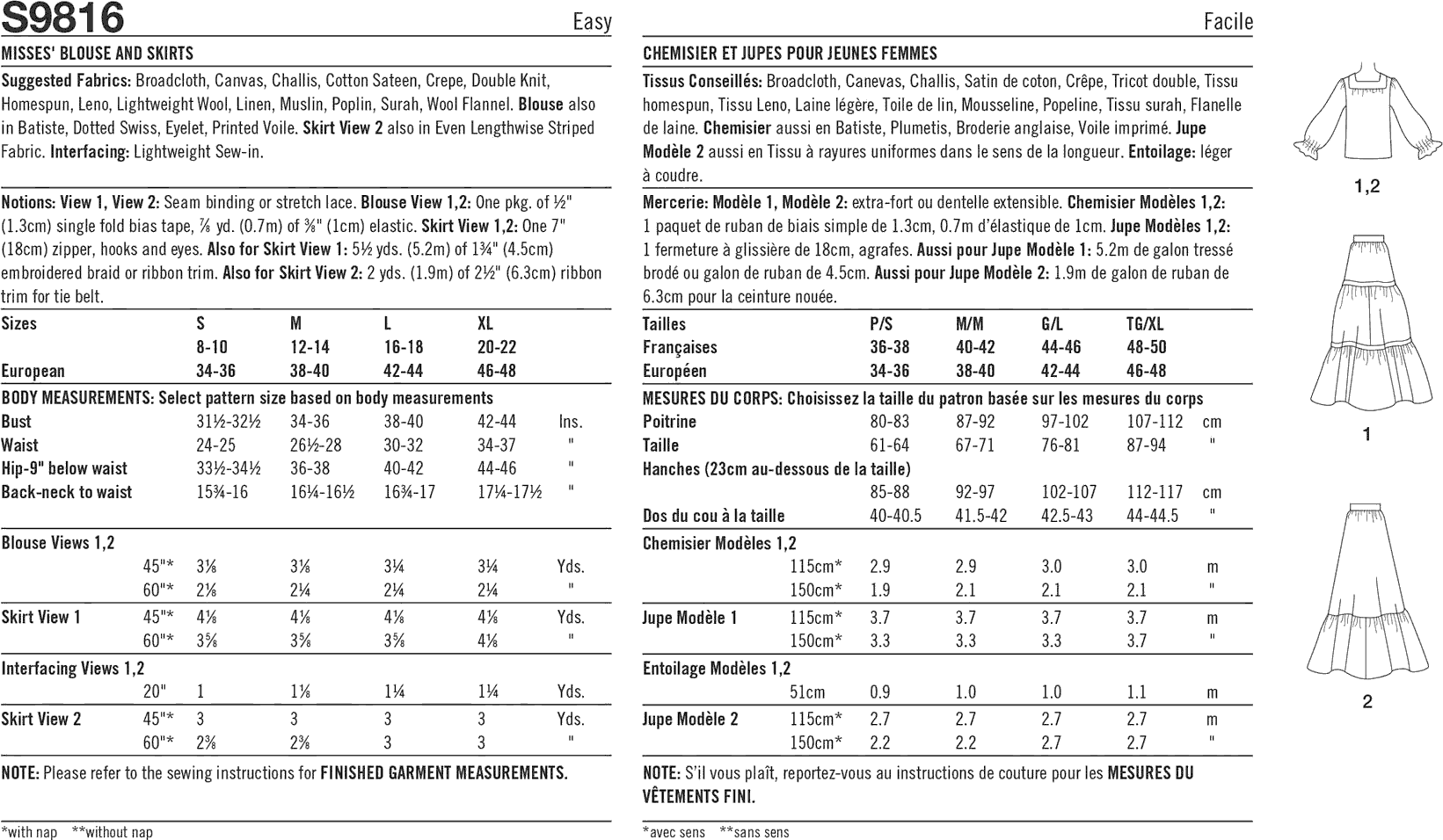 Simplicity Sewing Pattern S9816 Misses Blouse and Skirts 9816 Fabric Quantity Requirements From Patternsandplains.com