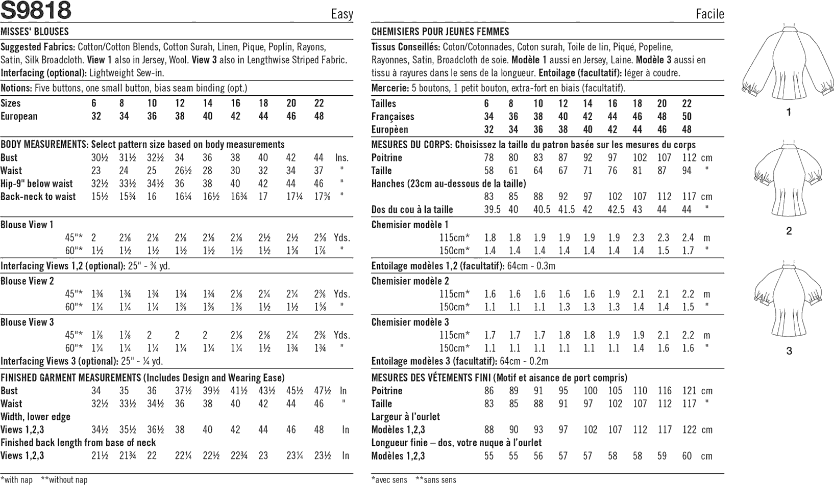 Simplicity Sewing Pattern S9818 Misses Blouses 9818 Fabric Quantity Requirements From Patternsandplains.com