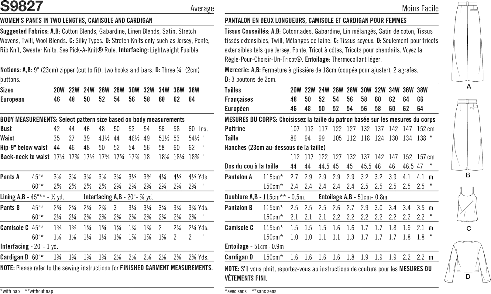 Simplicity Sewing Pattern S9827 Womens Pants in Two Lengths Camisole and Cardigan 9827 Fabric Quantity Requirements From Patternsandplains.com