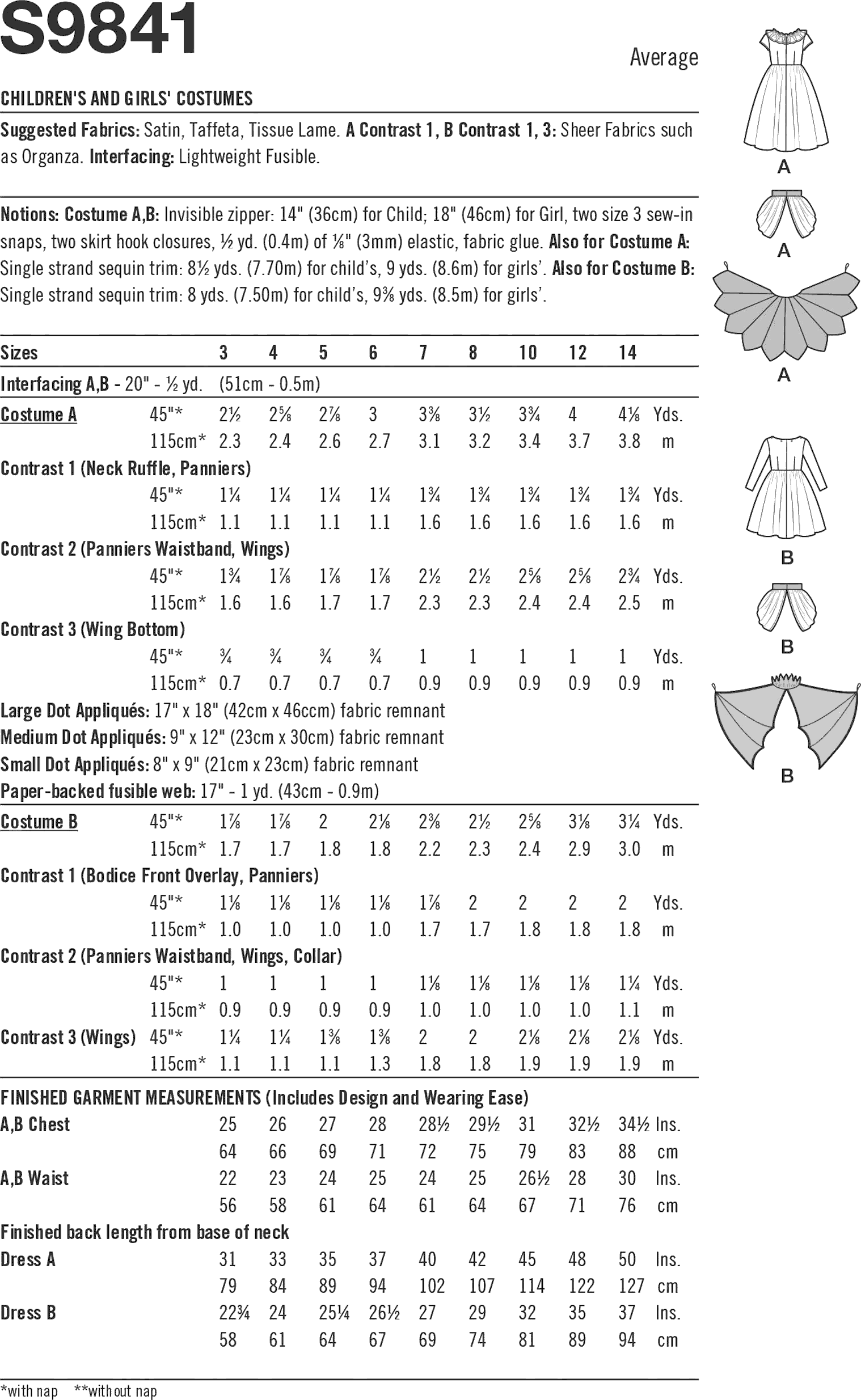 Simplicity Sewing Pattern S9841 Childrens and Girls Costumes by Andrea Schewe Designs 9841 Fabric Quantity Requirements From Patternsandplains.com