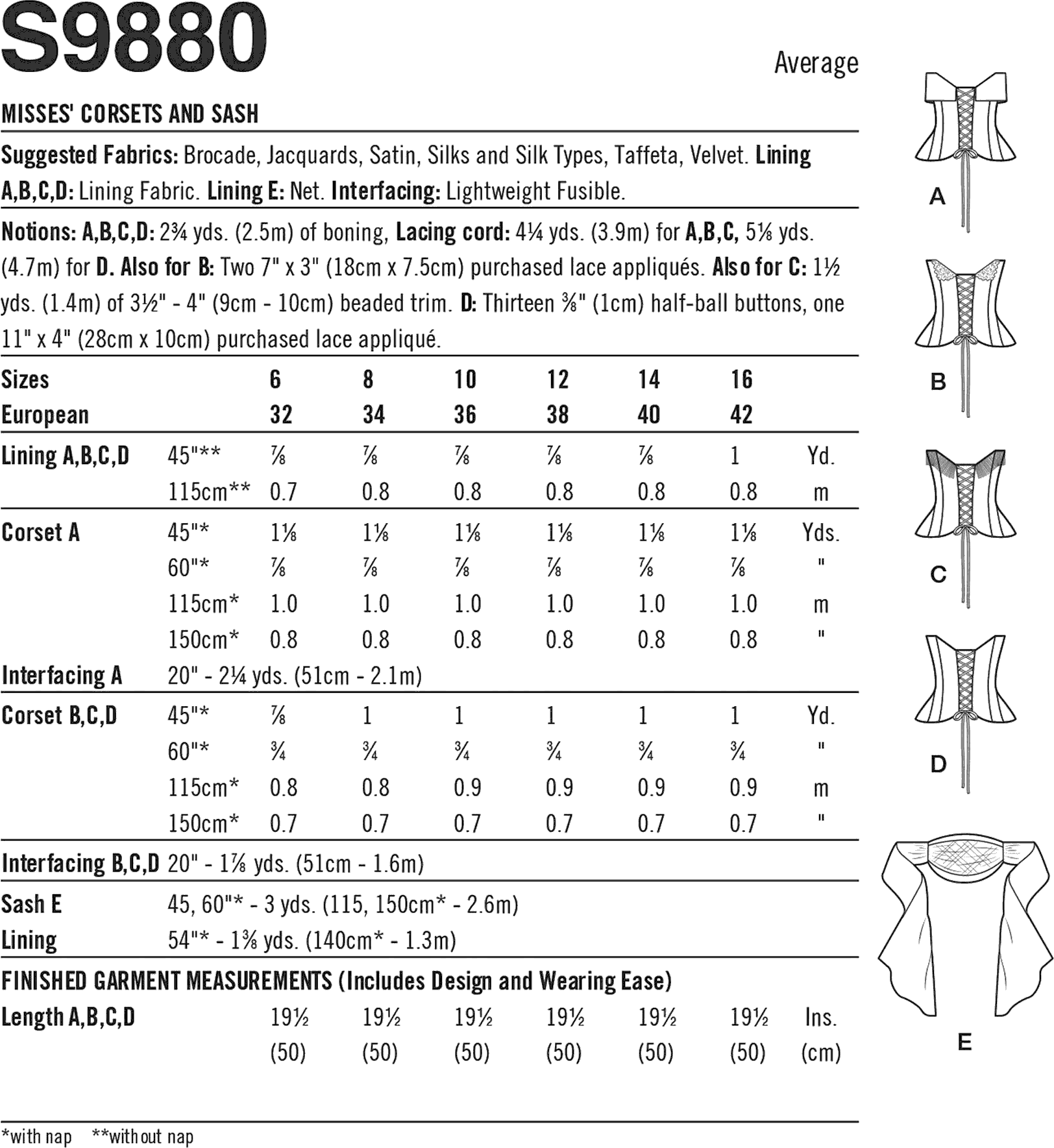 Simplicity Sewing Pattern S9880 Misses Corsets and Sash 9880 Fabric Quantity Requirements From Patternsandplains.com