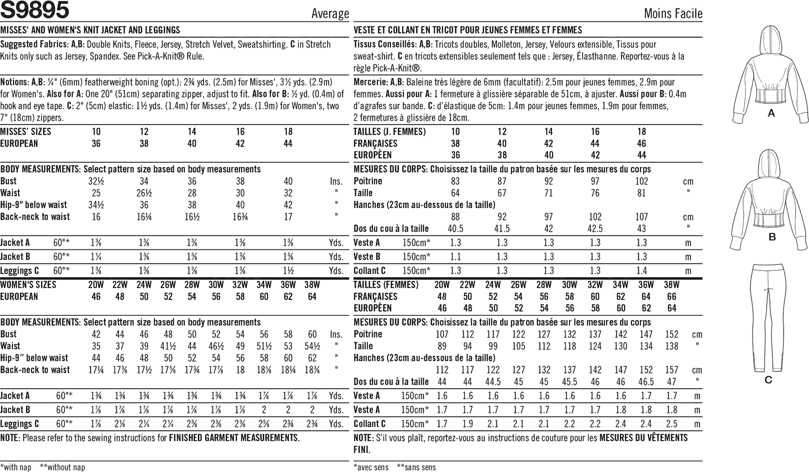 Simplicity Sewing Pattern S9895 Misses and Womens Jacket and Knit Leggings 9895 Fabric Quantity Requirements From Patternsandplains.com