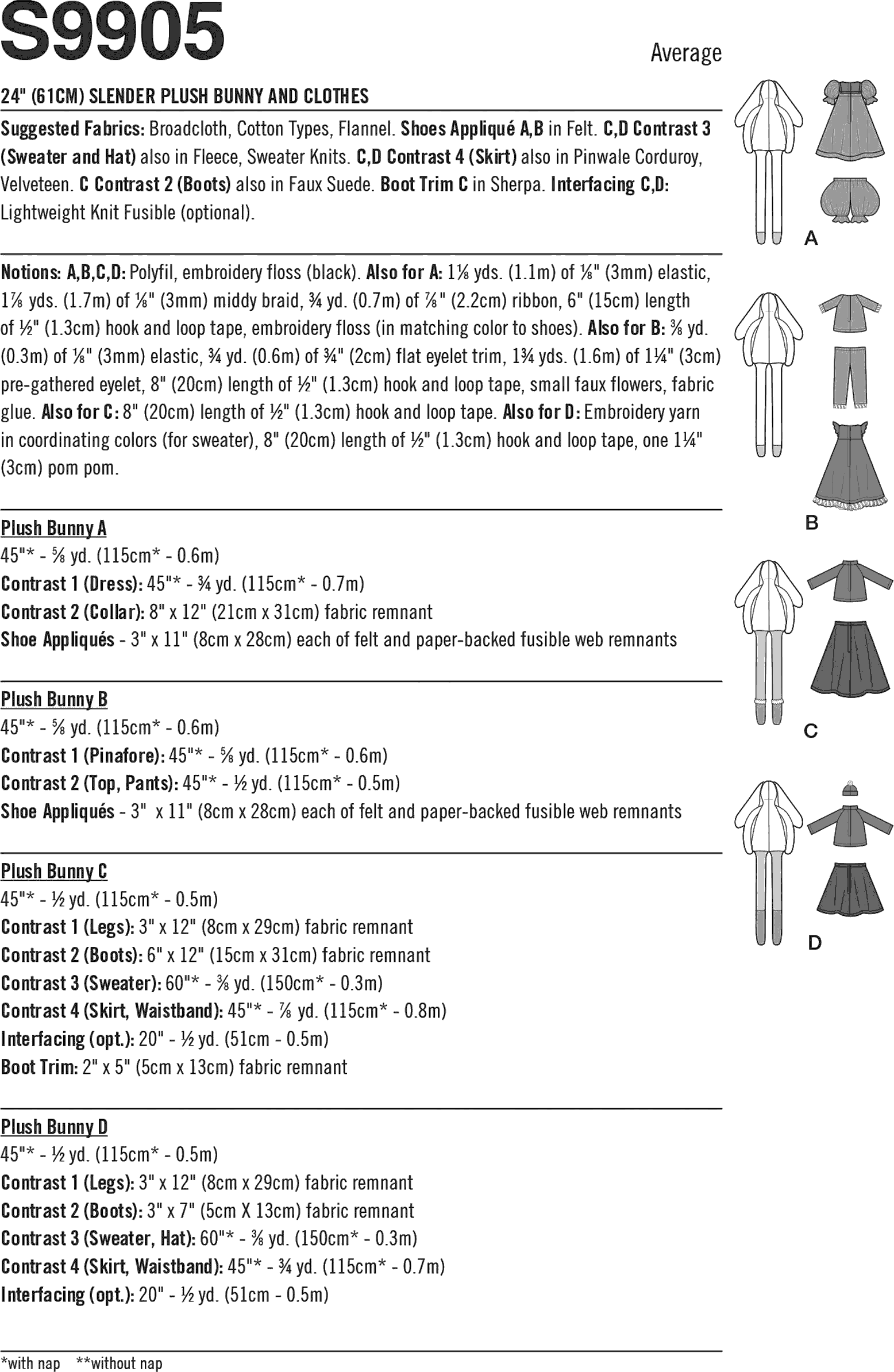 Simplicity Sewing Pattern S9905 Slender Plush Bunny and Clothes By Elaine Heigl Designs 9905 Fabric Quantity Requirements From Patternsandplains.com